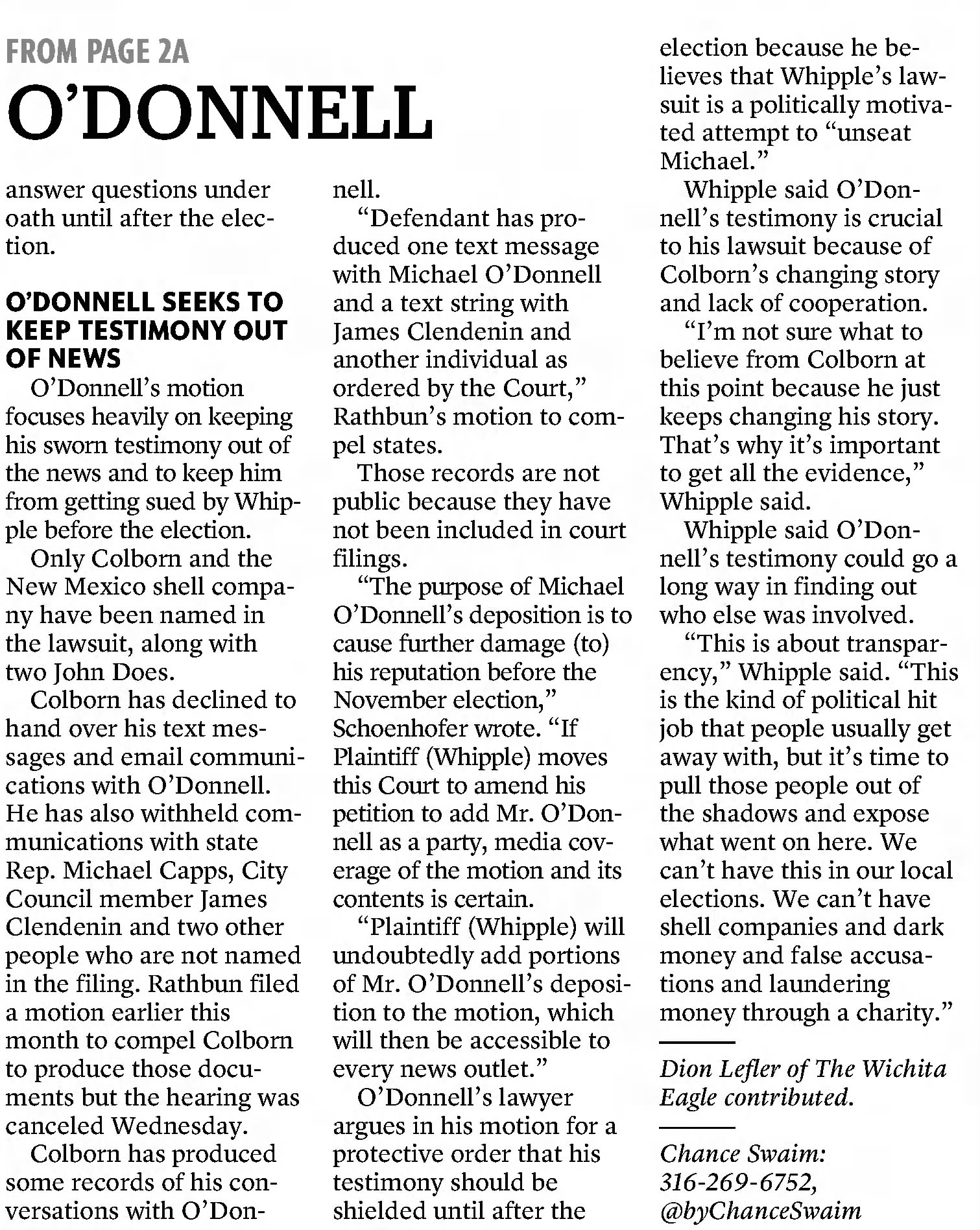 O'Donnell 
The Wichita Eagle
Wichita, Kansas &middot; Monday, September 14, 2020
