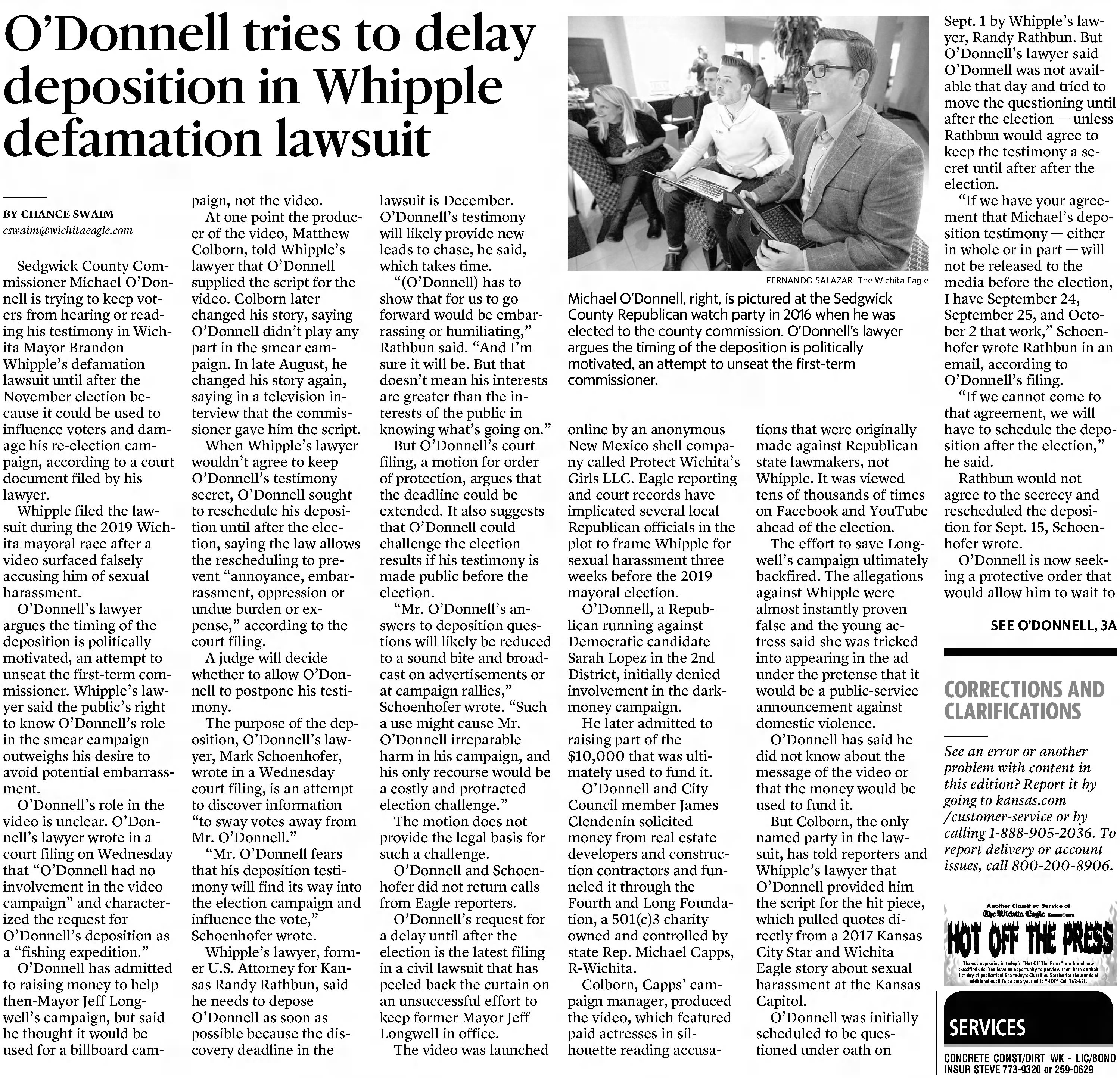 O'Donnell tries to delay deposition in Whipple defamation lawsuit 
The Wichita Eagle
Wichita, Kansas &middot; Monday, September 14, 2020