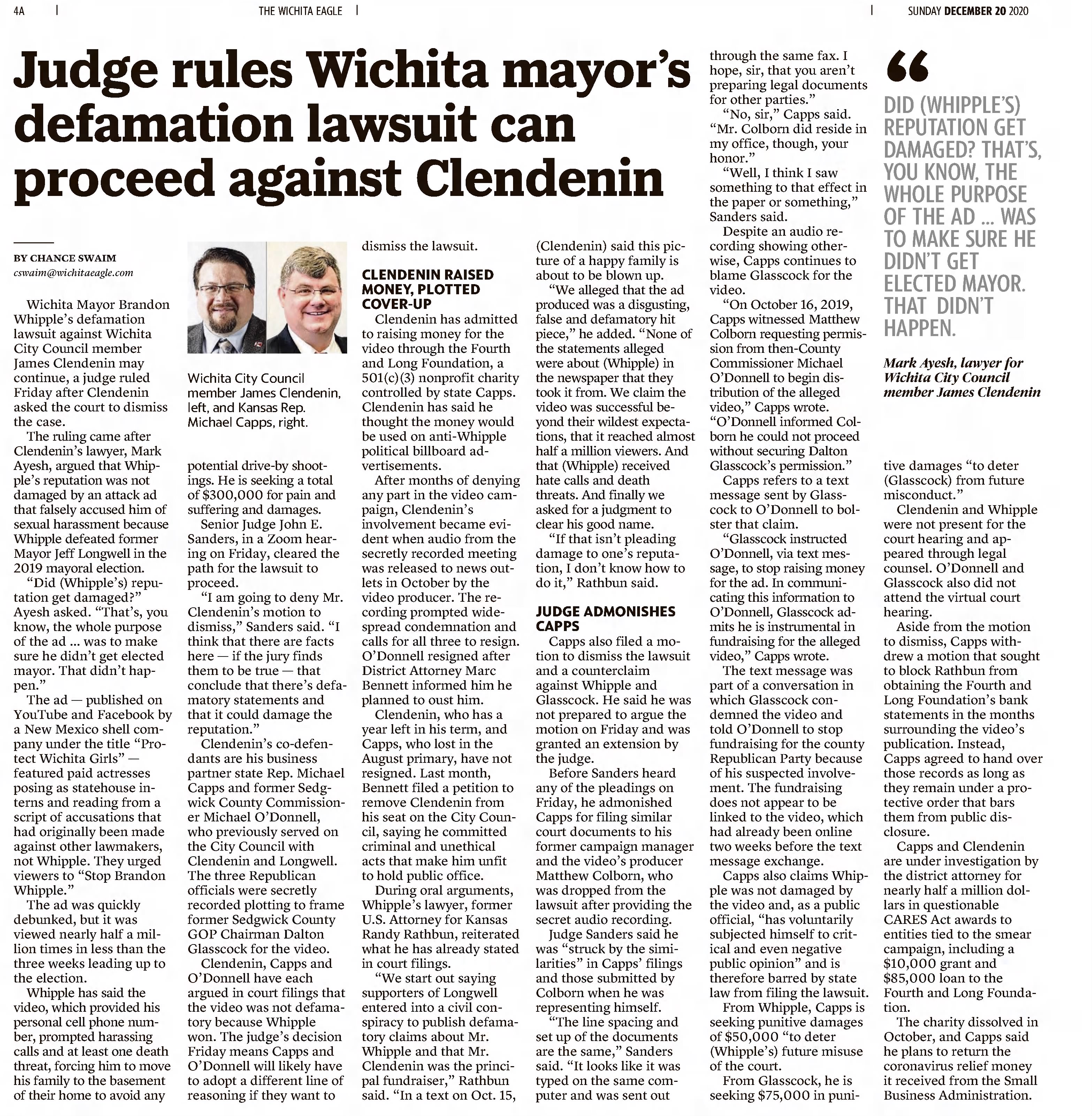 Judge rules Wichita Mayor's defamation lawsuit can proceed against Clendenin
Wichita Eagle
Dec 2, 2020