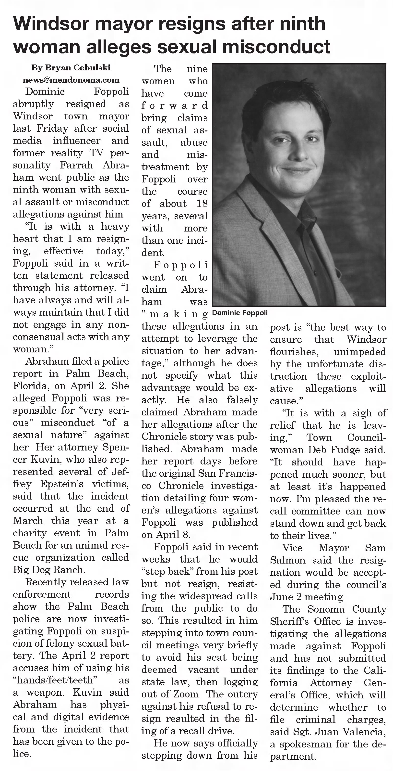 Windsor mayor resigns after ninth woman alleges sexual misconduct
Independent Coast Observer
Gualala, California · Friday, May 28, 2021