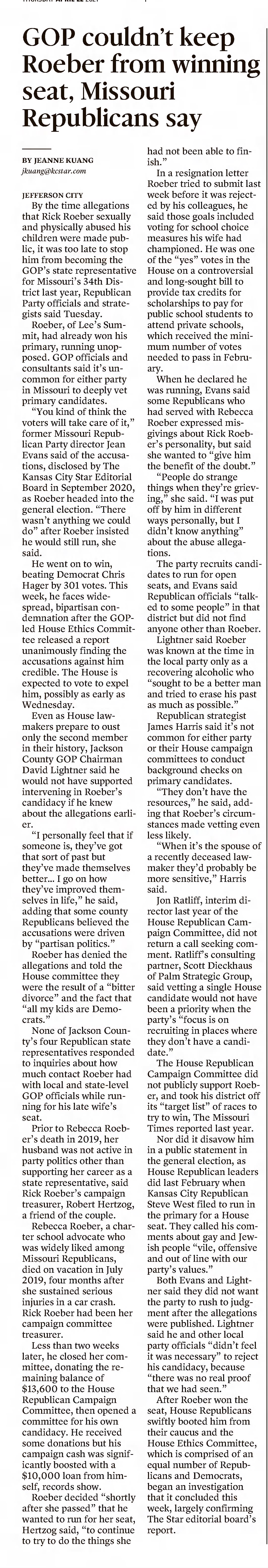 GOP couldn't keep Roeber from winning seat, Missouri Republicans say
The Kansas City Star
22 Apr 2021, Thu · Page A5