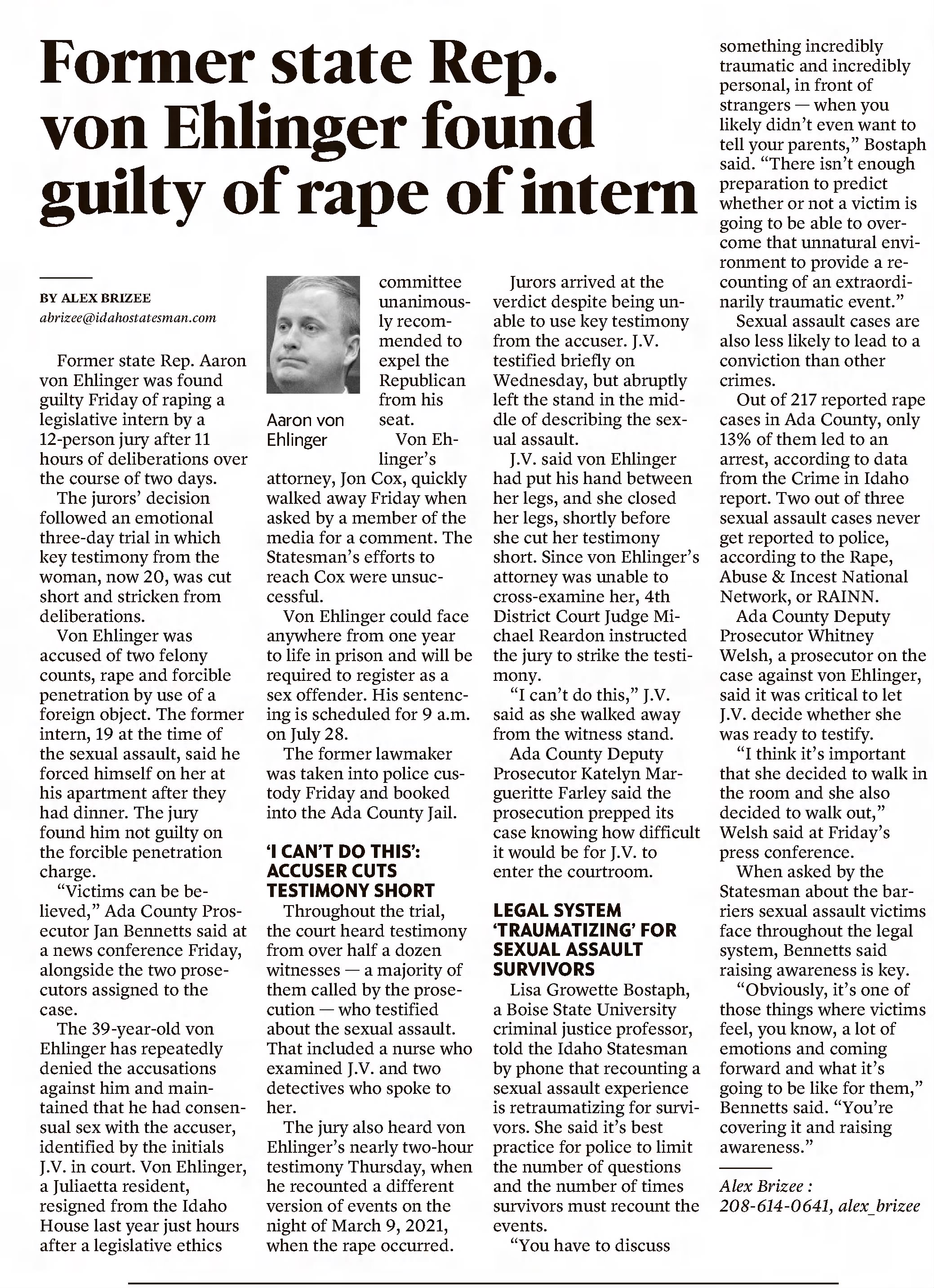 Former state Rep. von Ehlinger found guilty of rape of intern
The Idaho Statesman
Boise, Idaho &middot; Sunday, May 01, 2022