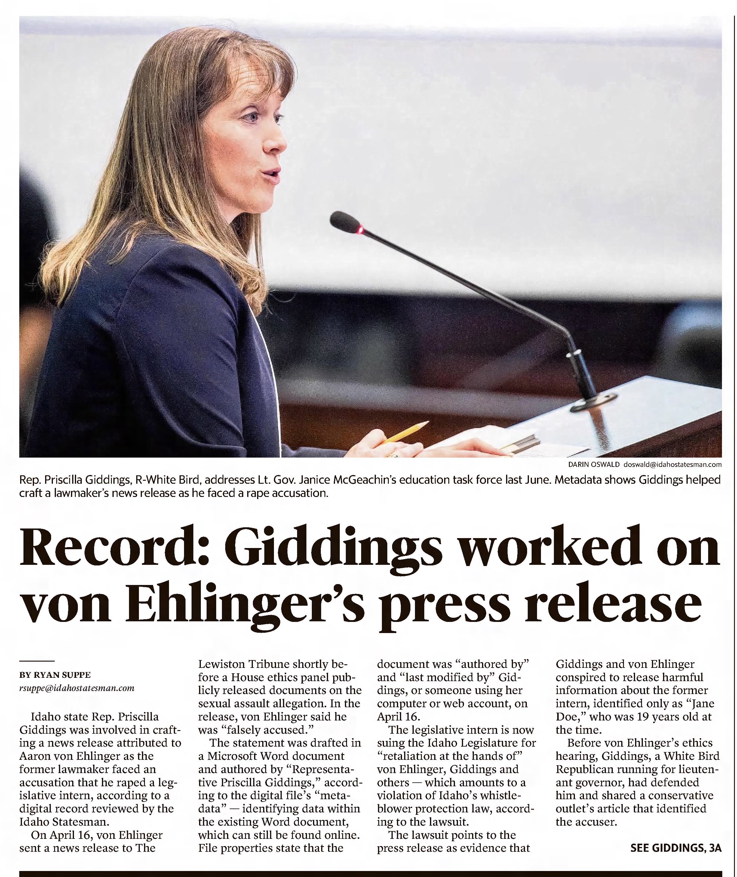 Record: Giddings worked on von Ehlinger's Press Release 
The Idaho Statesman
Boise, Idaho &middot; Thursday, January 27, 2022