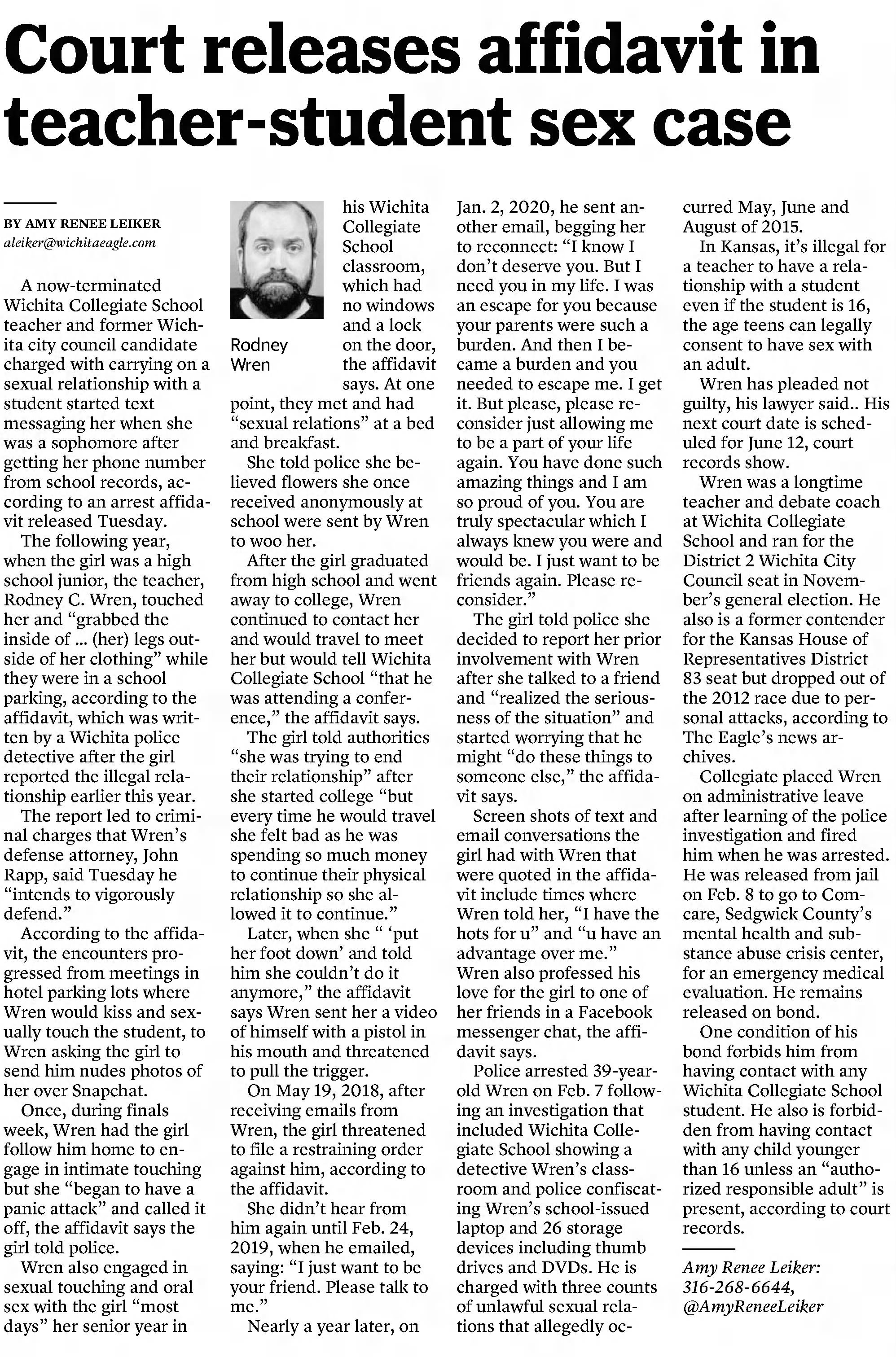 Court releases affidavit in teacher-student sex case
The Wichita Eagle
Wichita, Kansas · Thursday, June 04, 2020