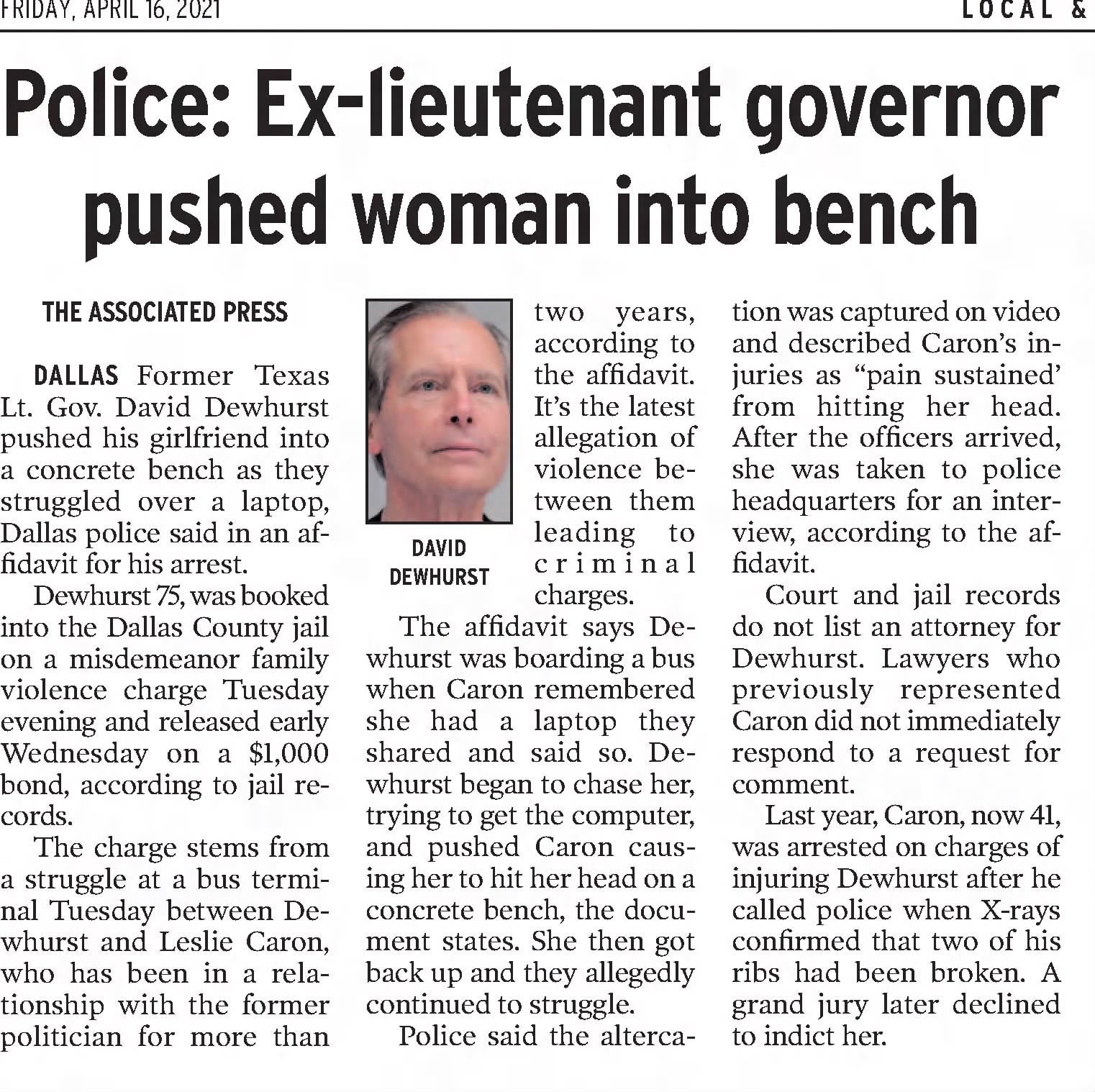 Police: Ex-lieutenant governor push woman into bench
The Odessa American
Odessa, Texas · Friday, April 16, 2021