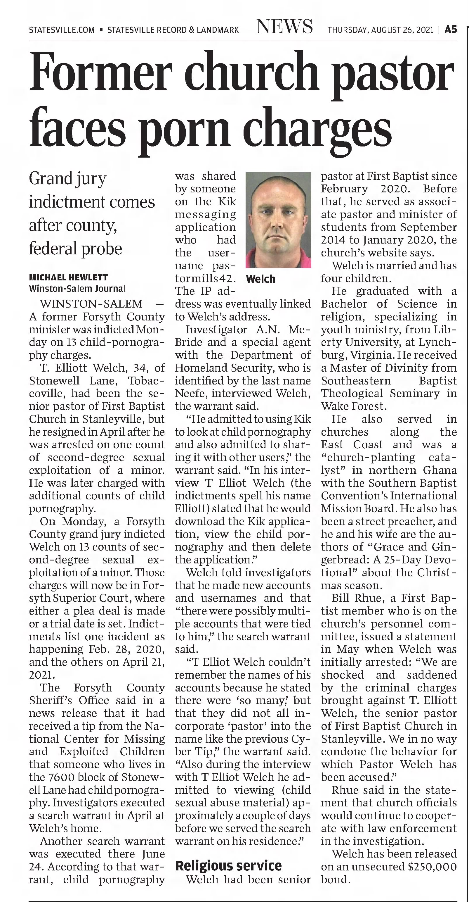 Former church pastor faces porn charges Statesville Record And Landmark
Statesville, North Carolina · Thursday, August 26, 2021