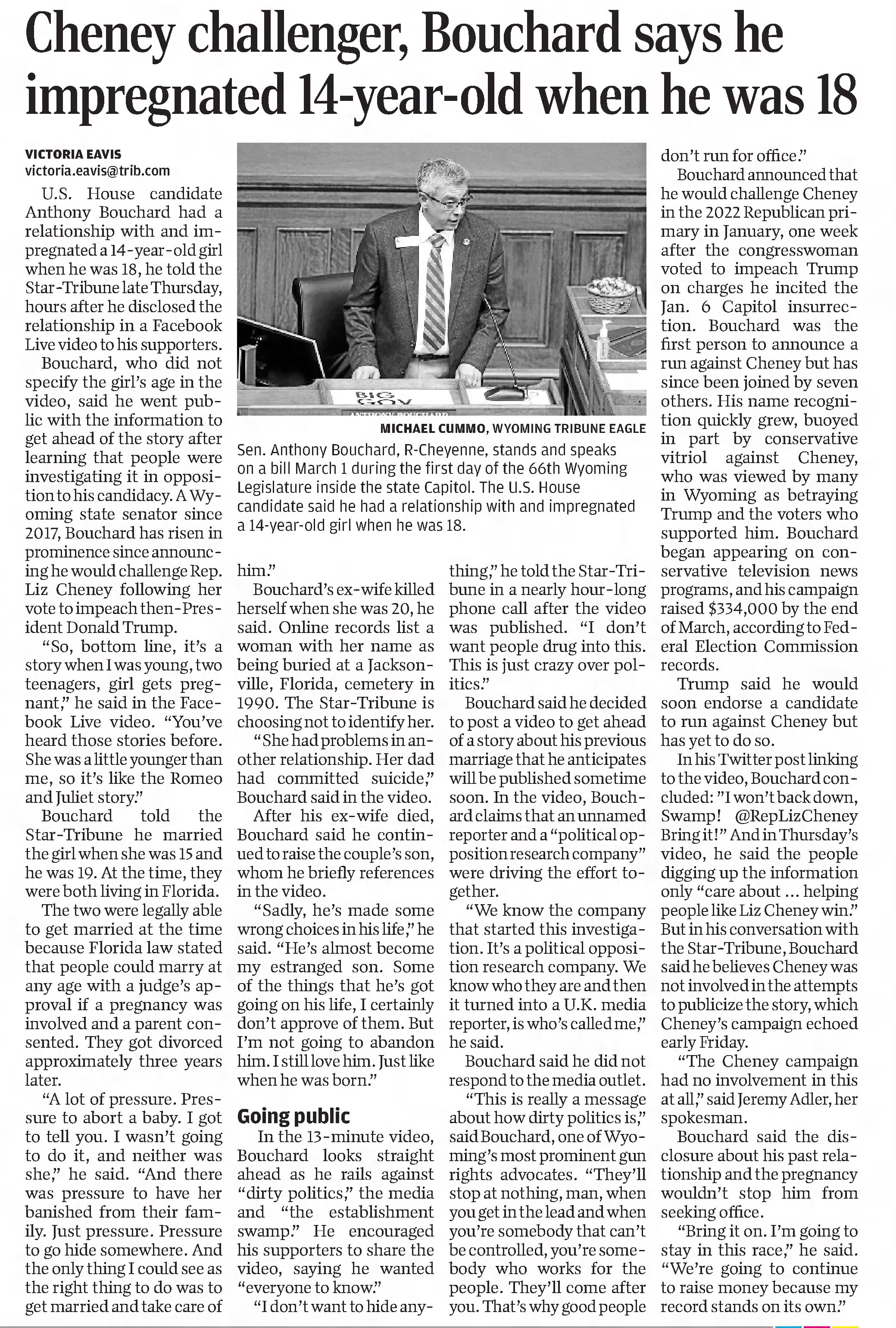 Cheney challenger, Bouchard say he impregnated 14-year-old when he was 18 The Billings Gazette
Billings, Montana · Saturday, May 22, 2021