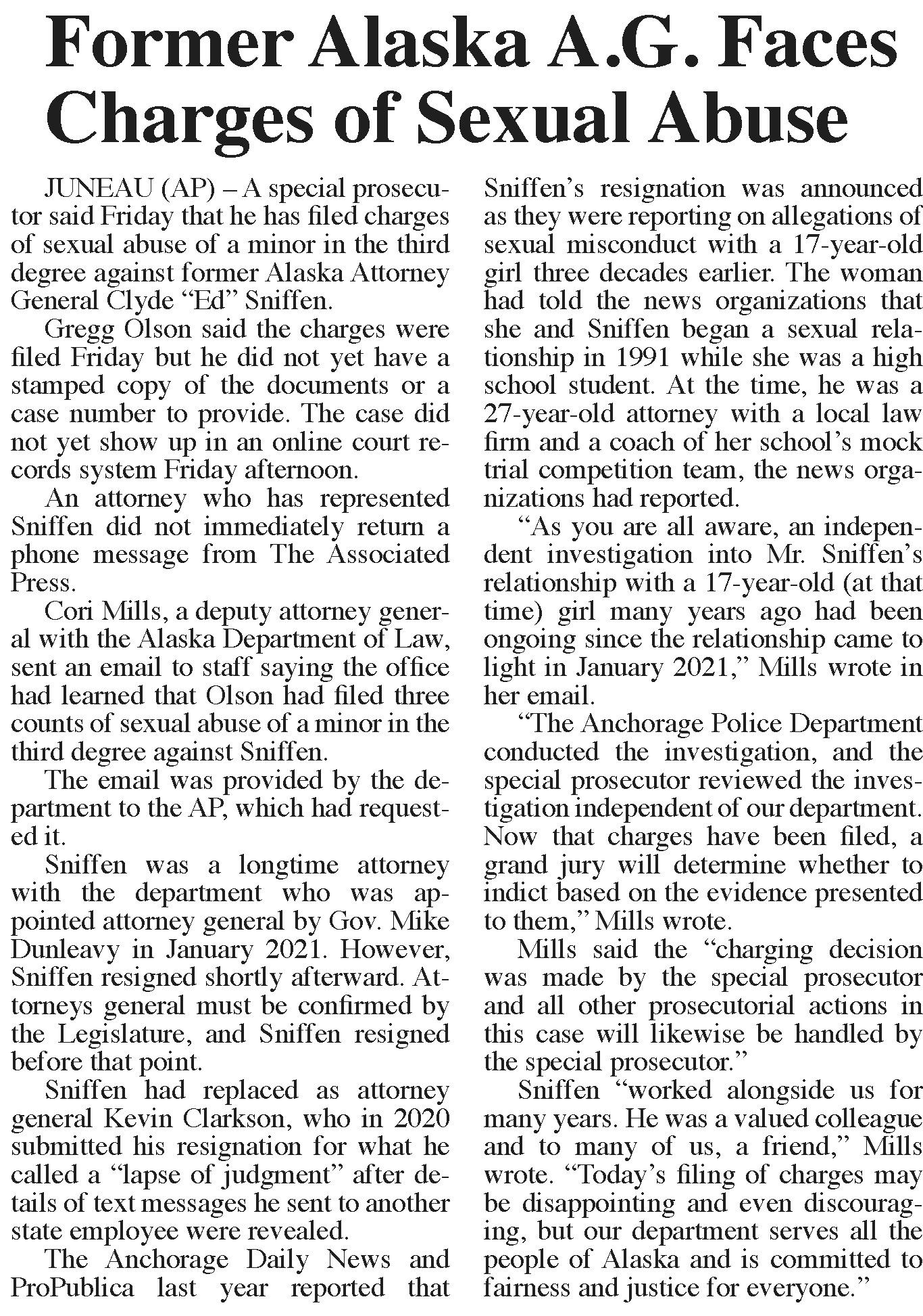 Former Alaska AG Faces Charges of Sexual Abuse
Daily Sitka Sentinel
May 31, 2022, Page 6
Sitka, Alaska, US