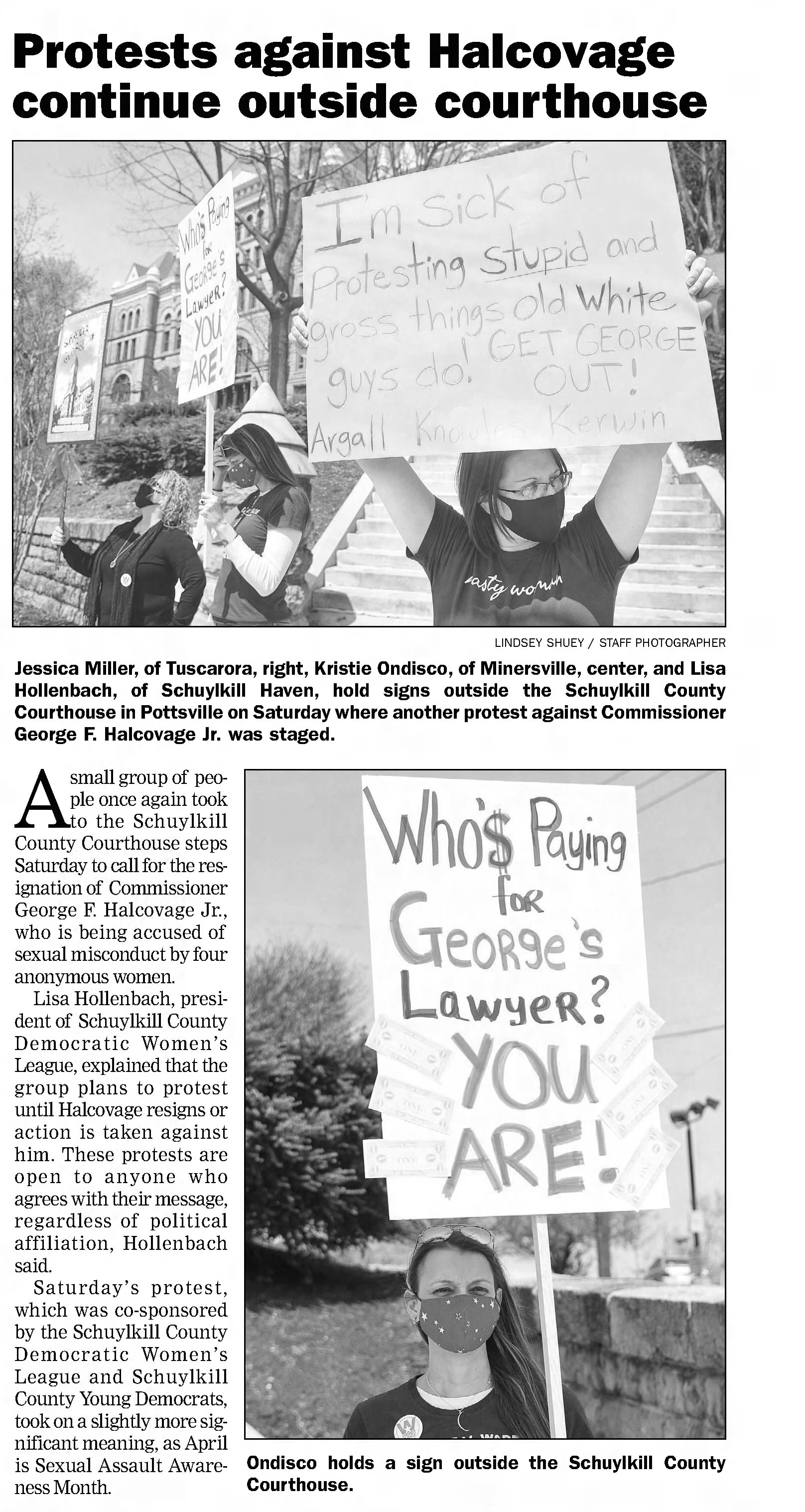 Protests against Halcovage continue outside courthouse 
Republican and Herald
Pottsville, Pennsylvania &middot; Sunday, April 25, 2021