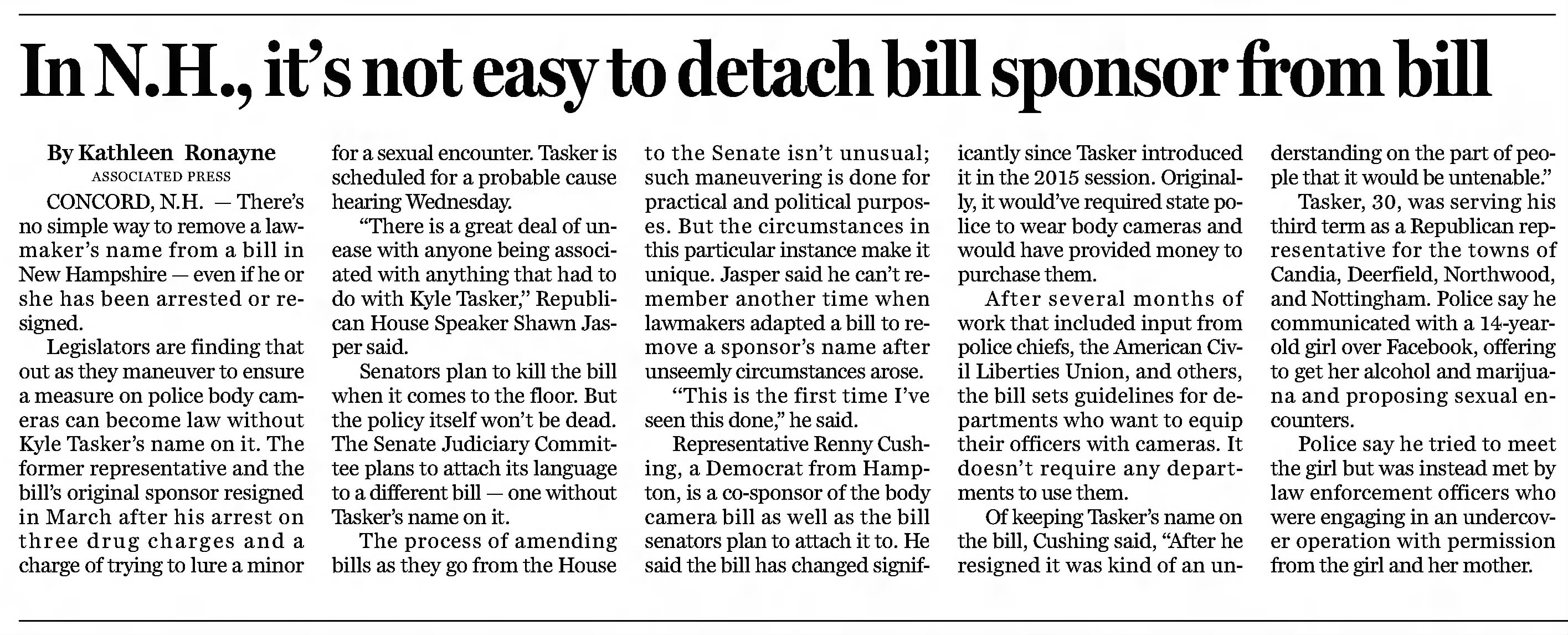 In NH, it's not easy to detach bill sponsor form bill
The Boston Globe
19 Apr 2016, Tue · Page B3