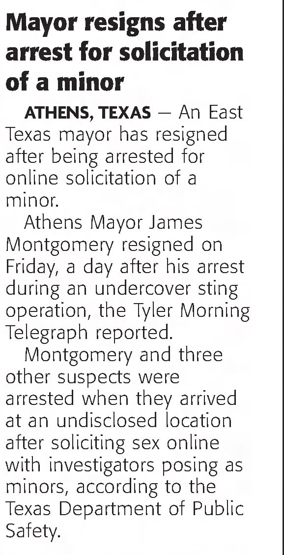 Mayor resgins after arrest for solicitation of a minor
Valley Morning Star
Harlingen, Texas &middot; Sunday, June 06, 2021
