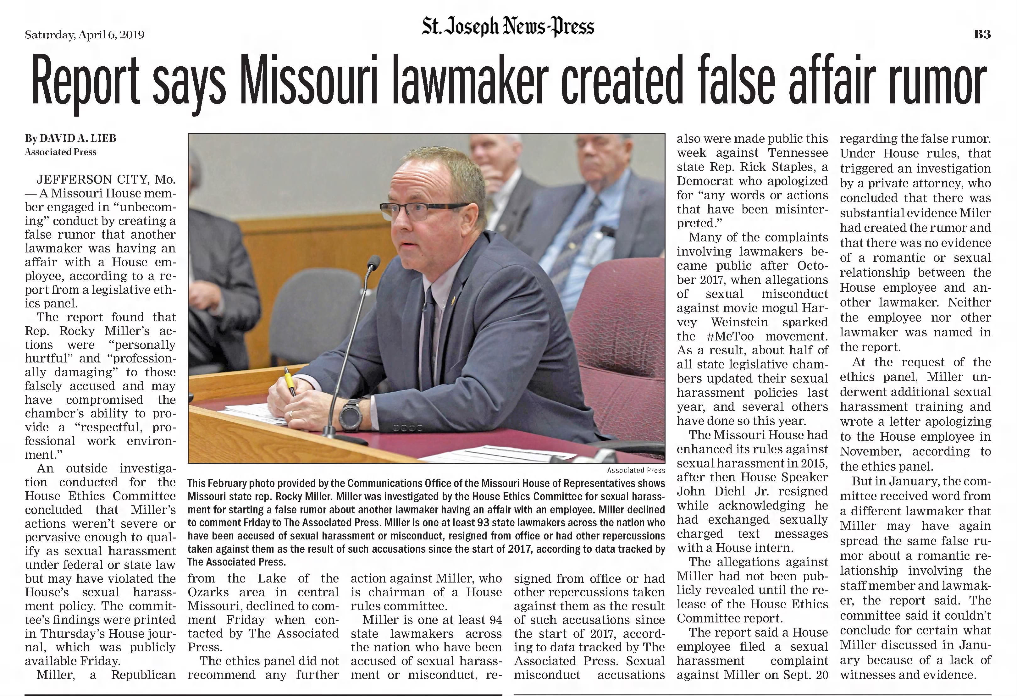 Report says Missouri lawmaker created false affair rumor
St. Joseph News-Press
St. Joseph, Missouri · Saturday, April 06, 2019