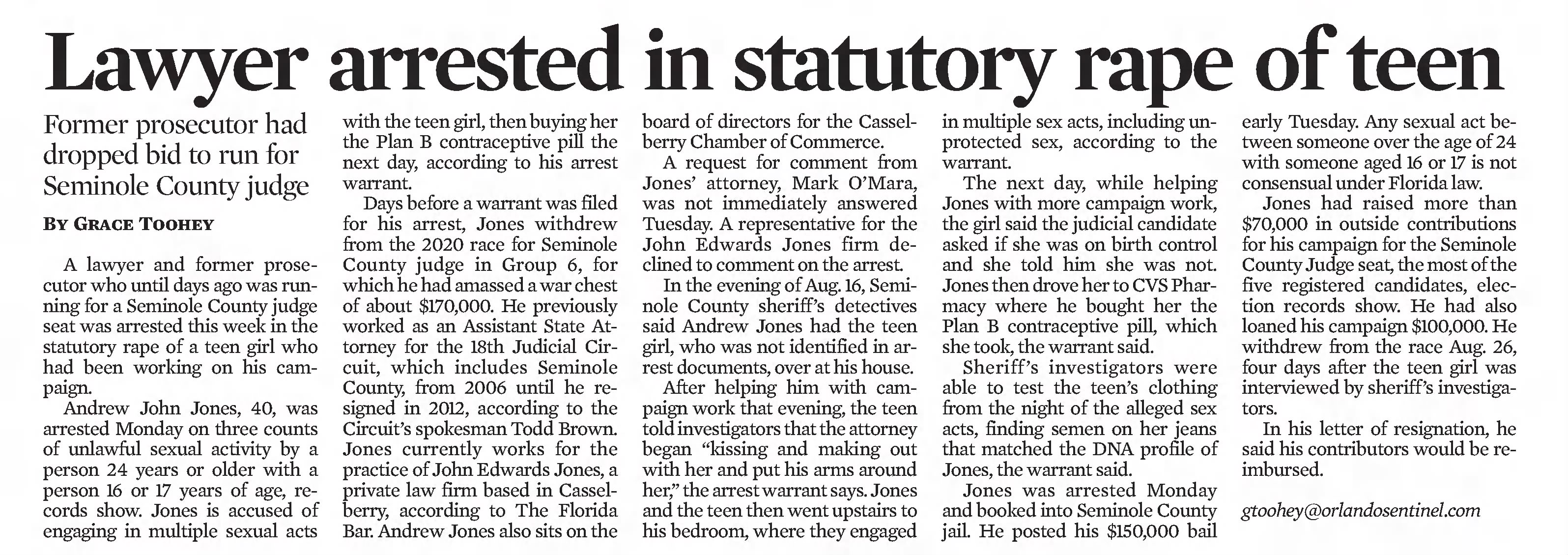 Lawyer arrest in statutory rape of teen
×
The Orlando Sentinel
Orlando, Florida · Wednesday, September 11, 2019