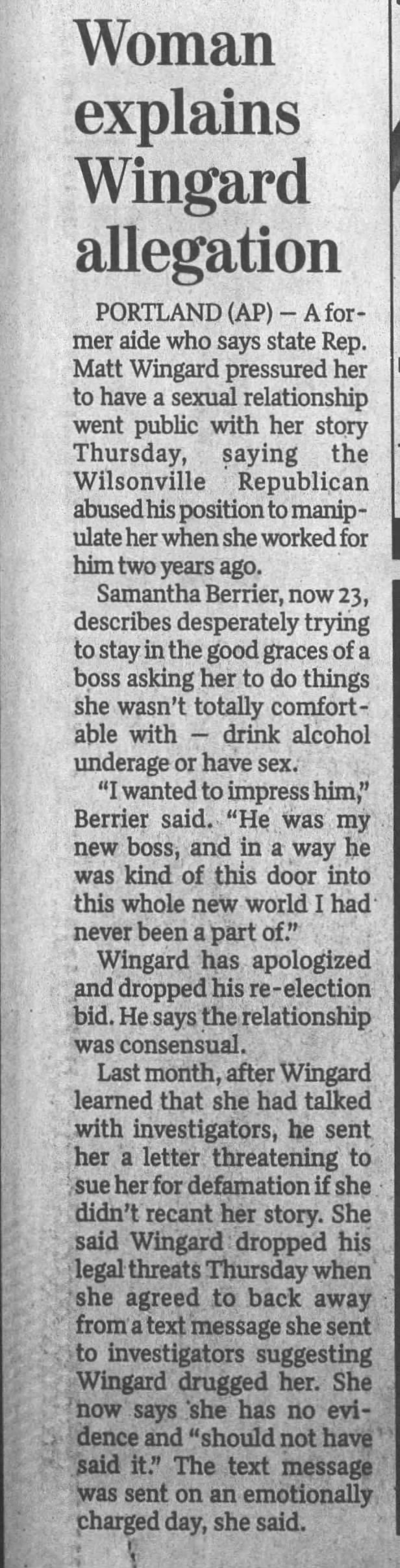 Woman explains Wingard allegation
Albany Democrat-Herald
Albany, Oregon · Saturday, June 23, 2012