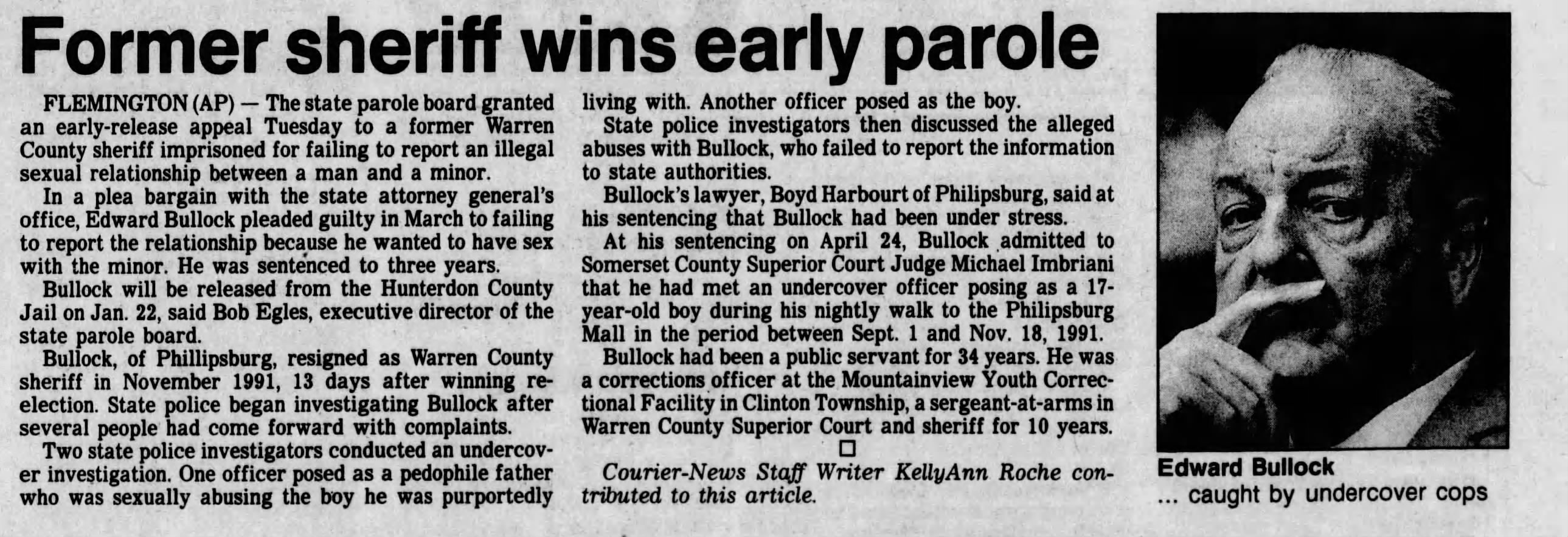 Former sheriff wins early parole 
The Courier-News
Bridgewater, New Jersey &middot; Wednesday, December 09, 1992