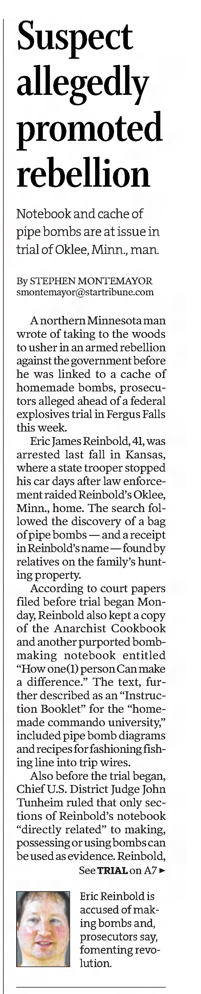 Suspect allegedly promoted rebellion
Star Tribune
Minneapolis, Minnesota · Wednesday, July 18, 2018