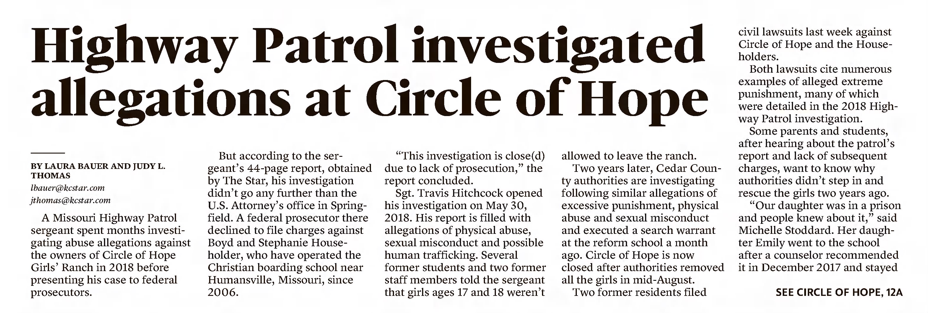 Highway patrol investigated allegations at Circle of Hope