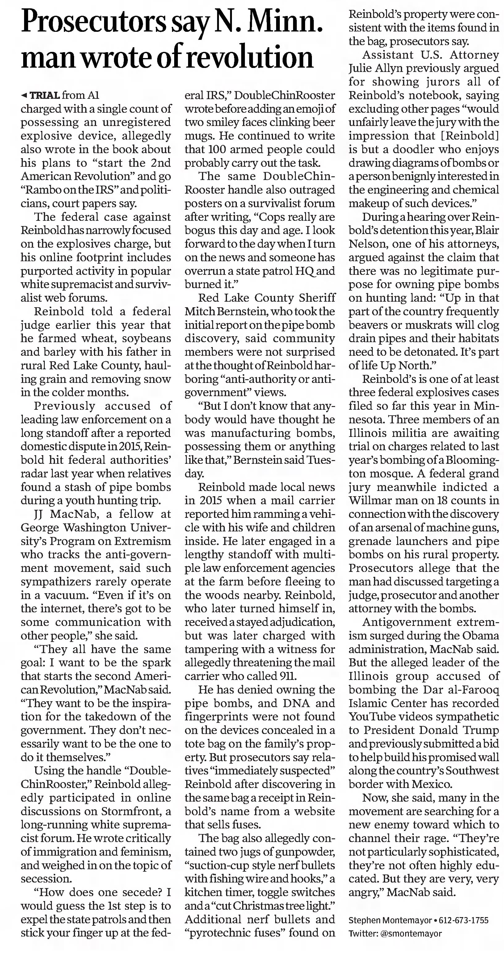Prosecutors say N. Minn. man wrote of revolution
Star Tribune
Minneapolis, Minnesota · Wednesday, July 18, 2018