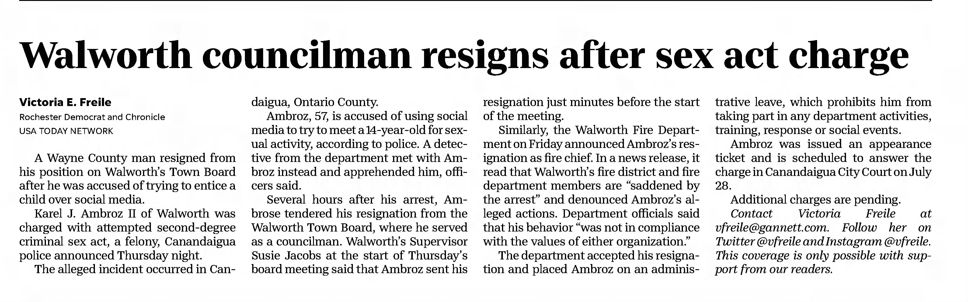 Walworth councilman resigns after sex act charge
Democrat and Chronicle
Rochester, New York &middot; Saturday, July 17, 2021