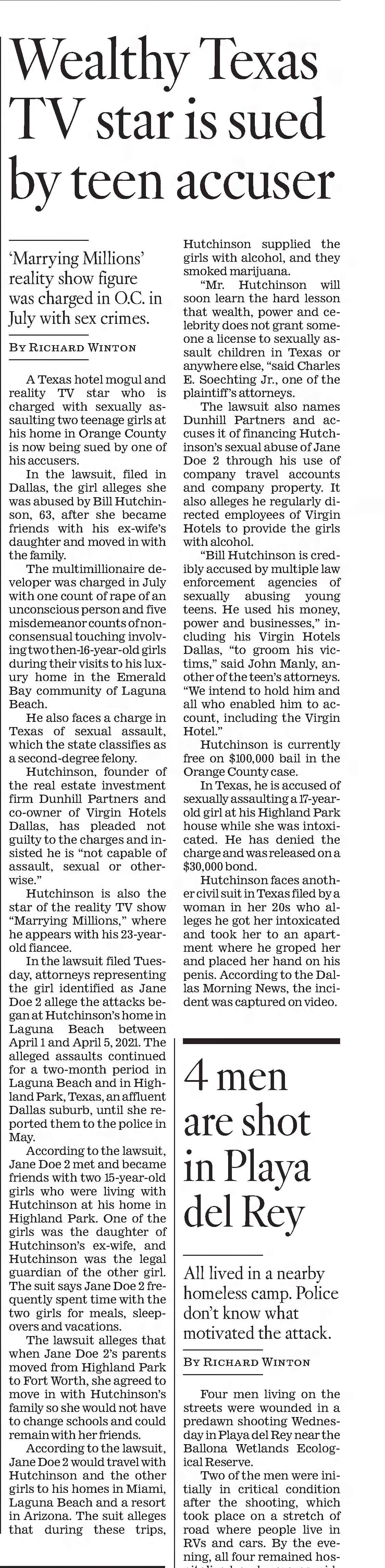 Wealthy Texas TV star is sued by teen accuser
The Los Angeles Times
Los Angeles, California · Thursday, August 19, 2021
