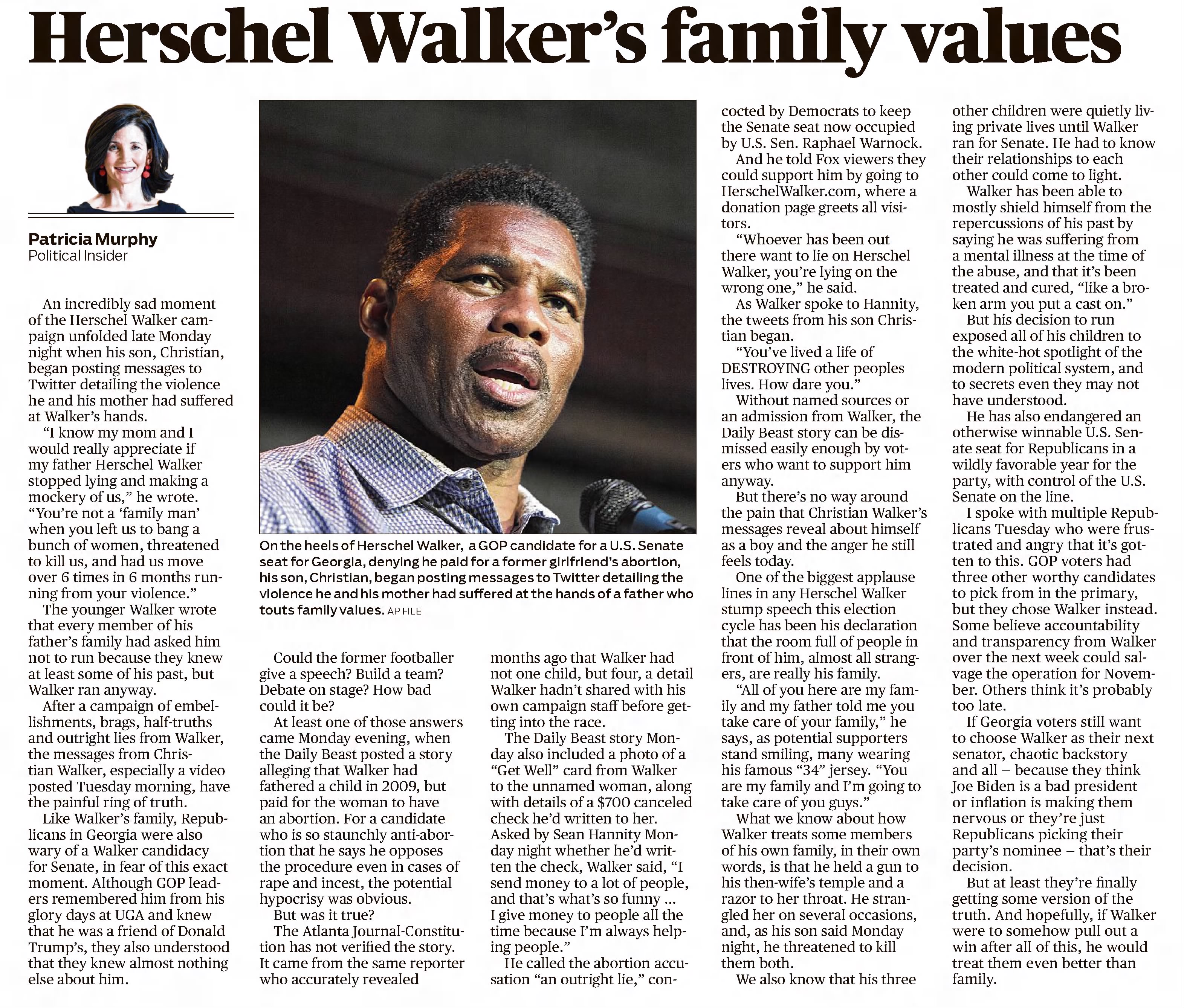 Herschel Walker's family values 
The Atlanta Constitution
Atlanta, Georgia &middot; Wednesday, October 05, 2022