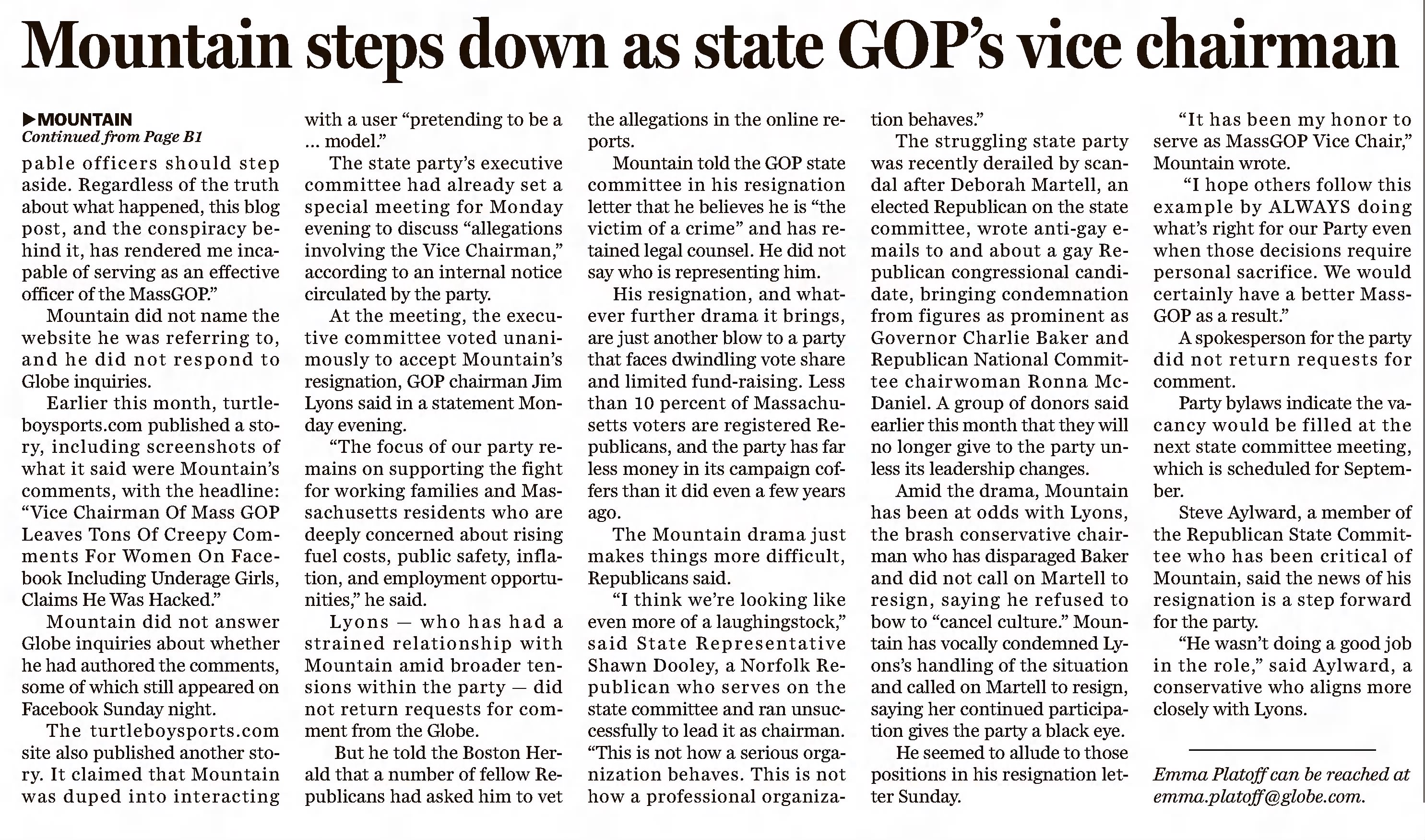 Mountain steps down as state GOP's vice chairman
The Boston Globe
Boston, Massachusetts &middot; Tuesday, July 20, 2021