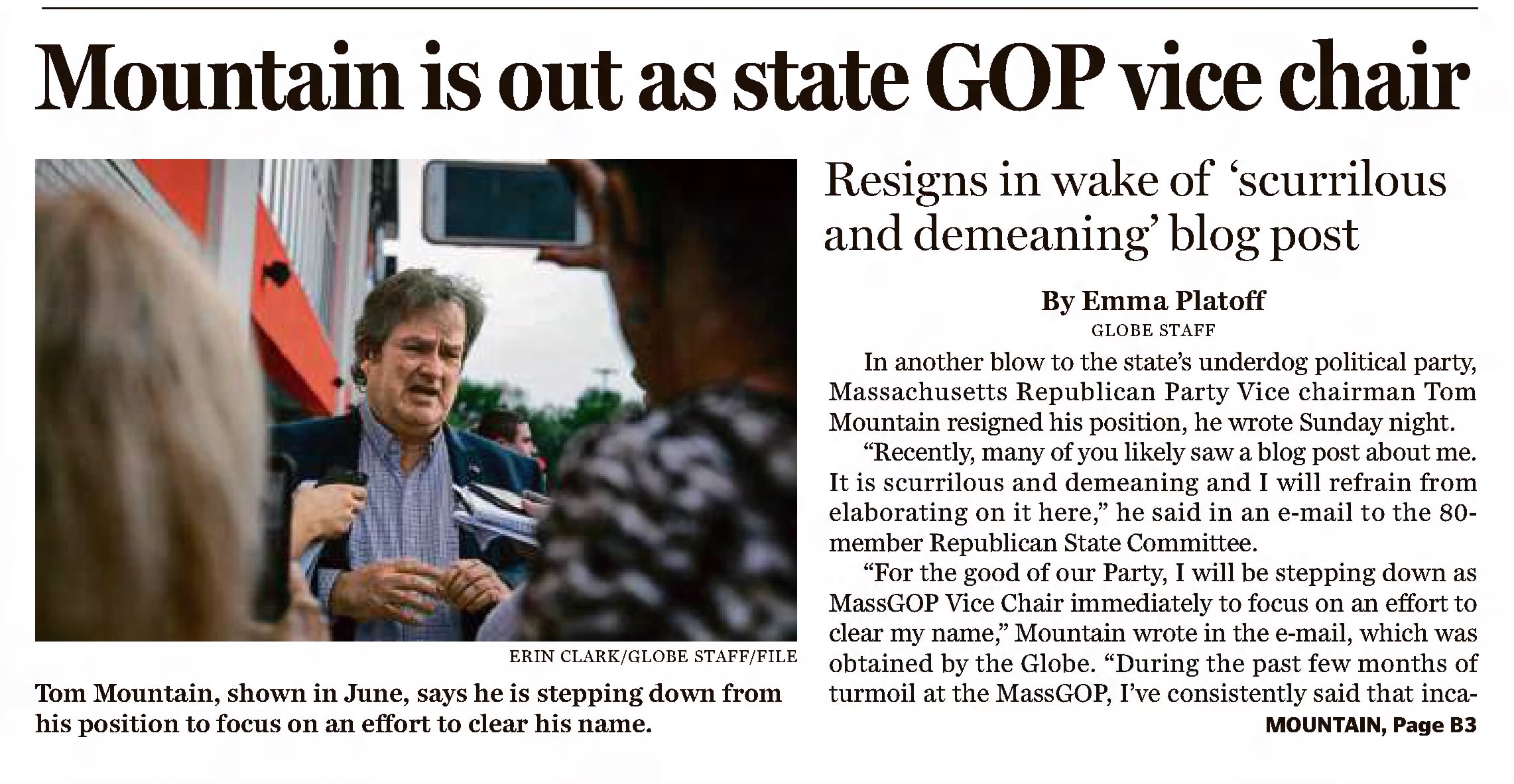 Mountain is out as state GOP vice chair 
Resigns in wake of 'scurrilous and demeaning' blog post
The Boston Globe
Boston, Massachusetts &middot; Tuesday, July 20, 2021