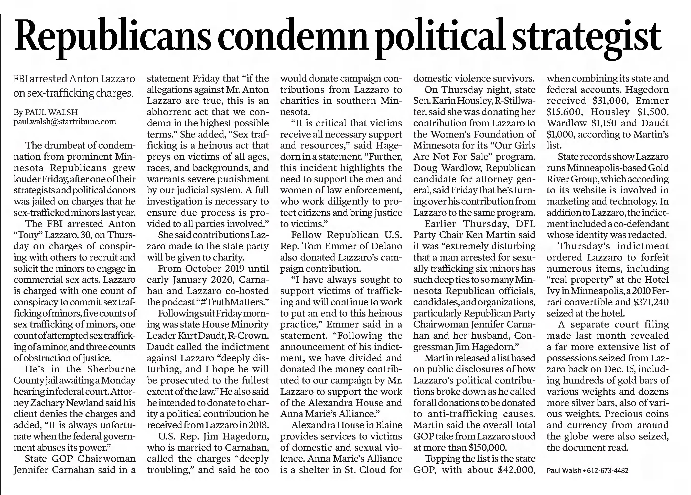 Republican condemn political strategist 
Star Tribune
Minneapolis, Minnesota &middot; Saturday, August 14, 2021