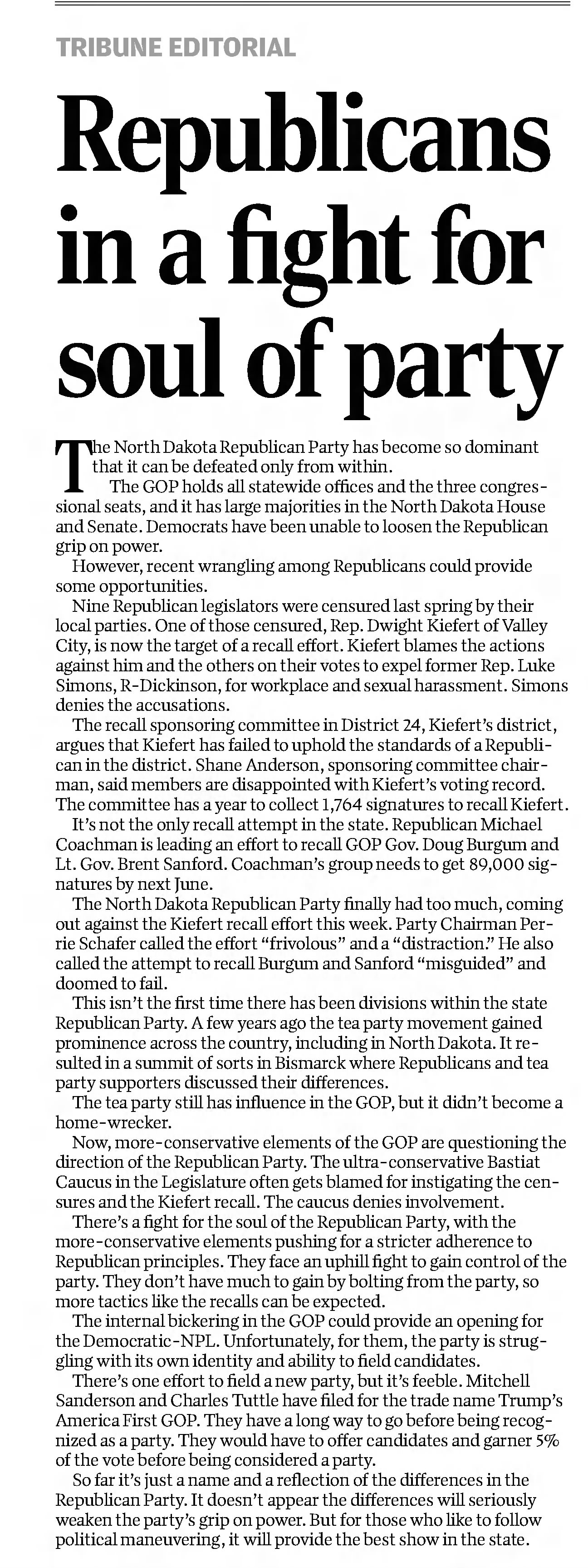 Republicans in a fight for the soul of party
The Bismarck Tribune
Bismarck, North Dakota · Saturday, July 24, 2021