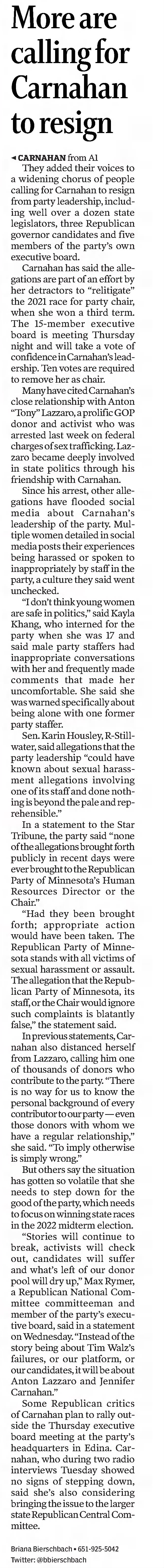 Carnahan cont. 
More are calling for Carnahan to resign
&times;
Star Tribune
Minneapolis, Minnesota &middot; Thursday, August 19, 2021