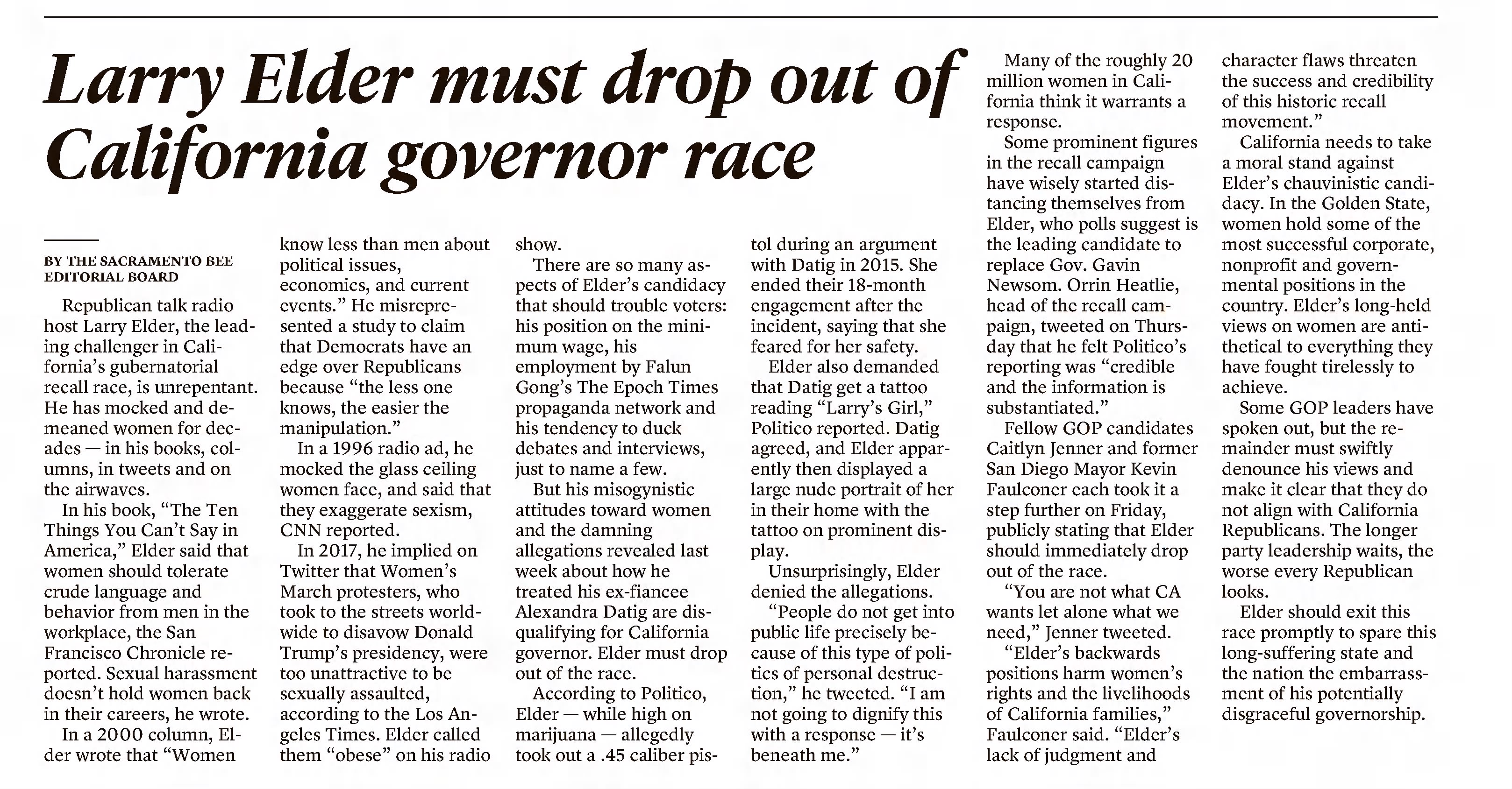 Larry Elder must drop out of California governor race
The Sacramento Bee
Sacramento, California &middot; Monday, August 23, 2021