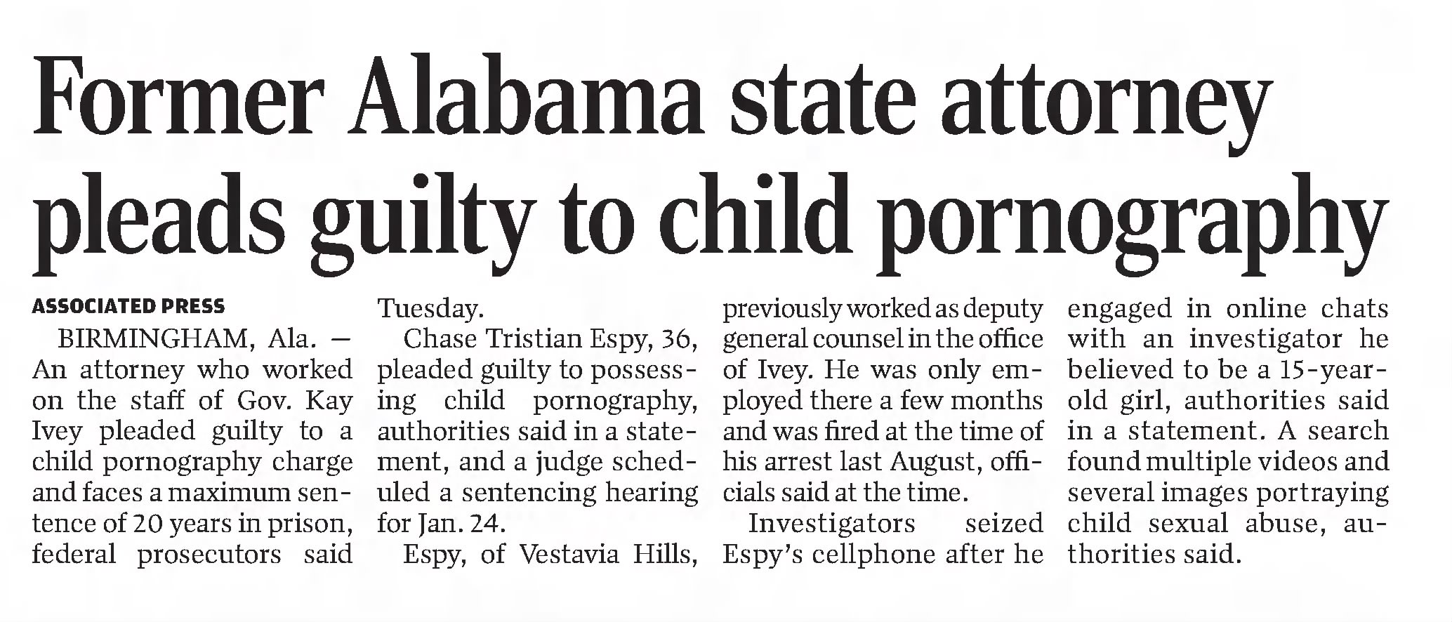 Former Alabama state attorney pleads guilty to child pornography 
The Opelika-Auburn News
Opelika, Alabama &middot; Wednesday, October 19, 2022