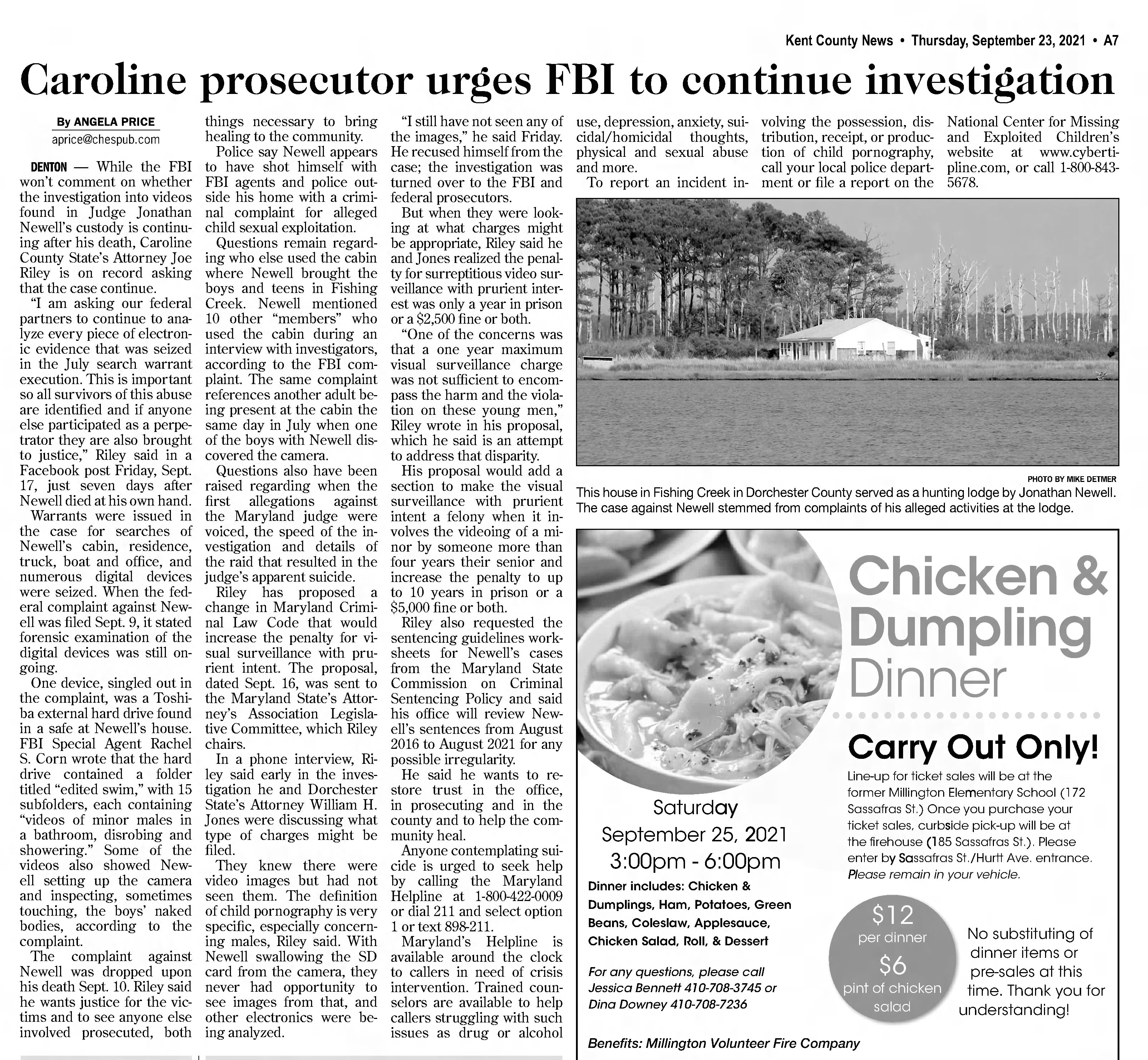 Caroline prosecutor urges FBI to continue investigation 
&times;
Kent County News
Chestertown, Maryland &middot; Thursday, September 23, 2021