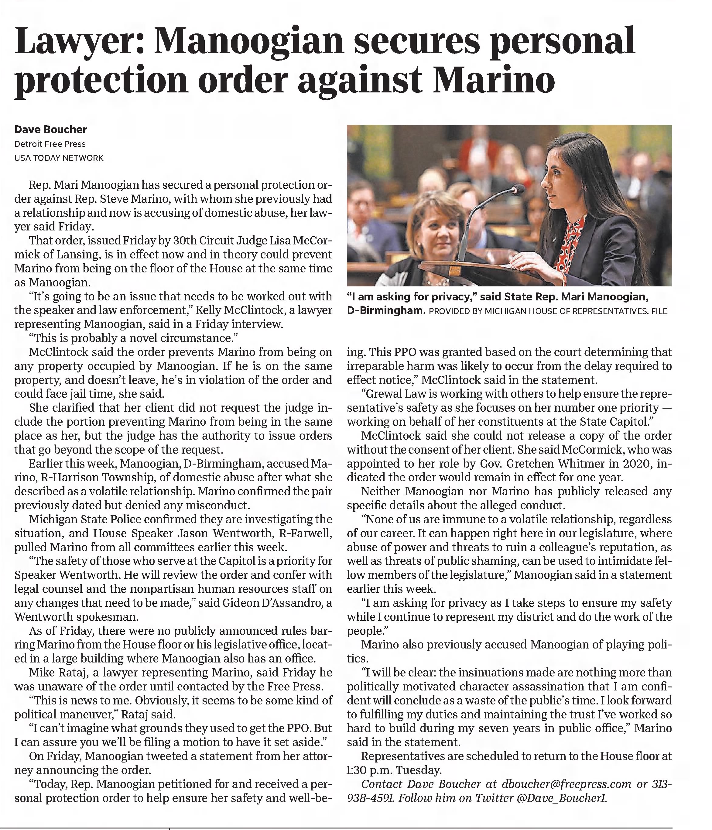 Lawyer: Manoogian secures personal protection order against Marino
Detroit Free Press
Detroit, Michigan · Saturday, September 18, 2021