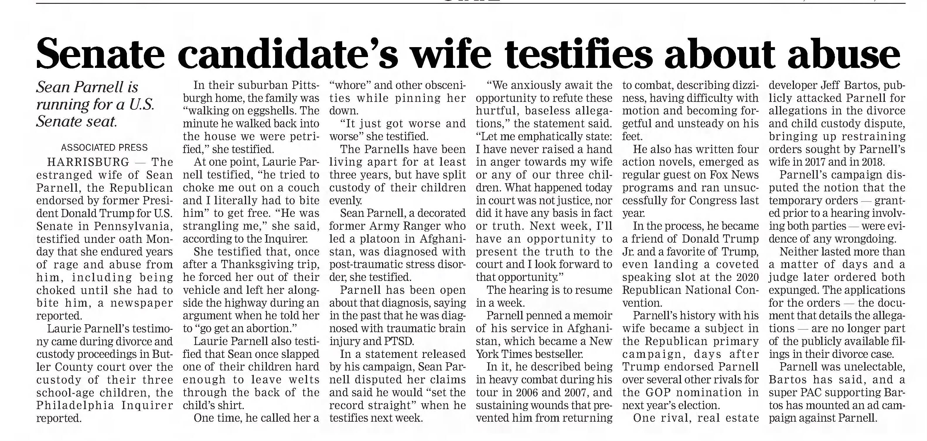 Senate candidate's wife testifies about abuse.
Citizens' Voice
Wilkes-Barre, Pennsylvania · Tuesday, November 02, 2021