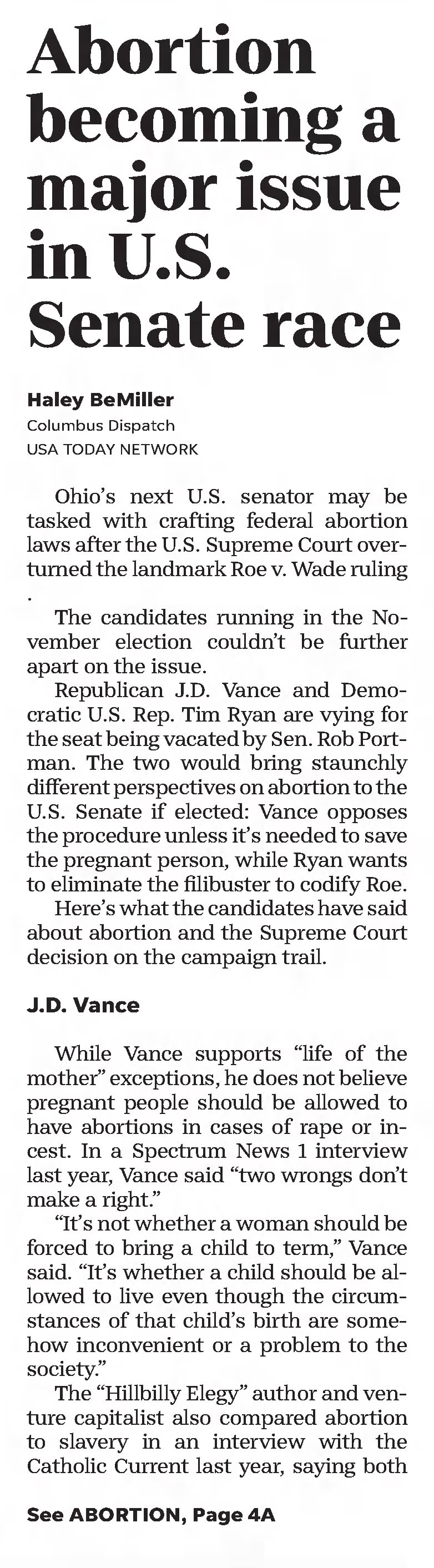 Abortion becoming a major issue in US Senate race
Chillicothe Gazette
Chillicothe, Ohio · Friday, July 15, 2022