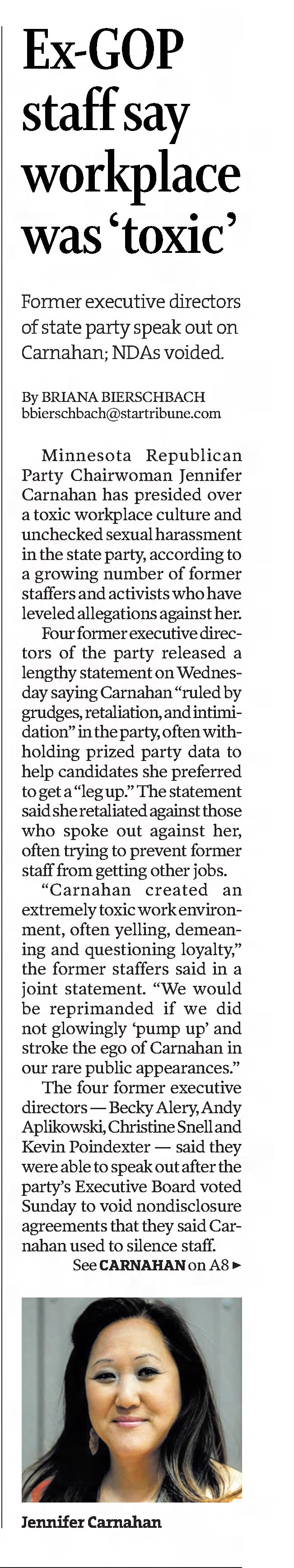 Ex-GIO staff say workplace was toxic
&times;
Star Tribune
Minneapolis, Minnesota &middot; Thursday, August 19, 2021