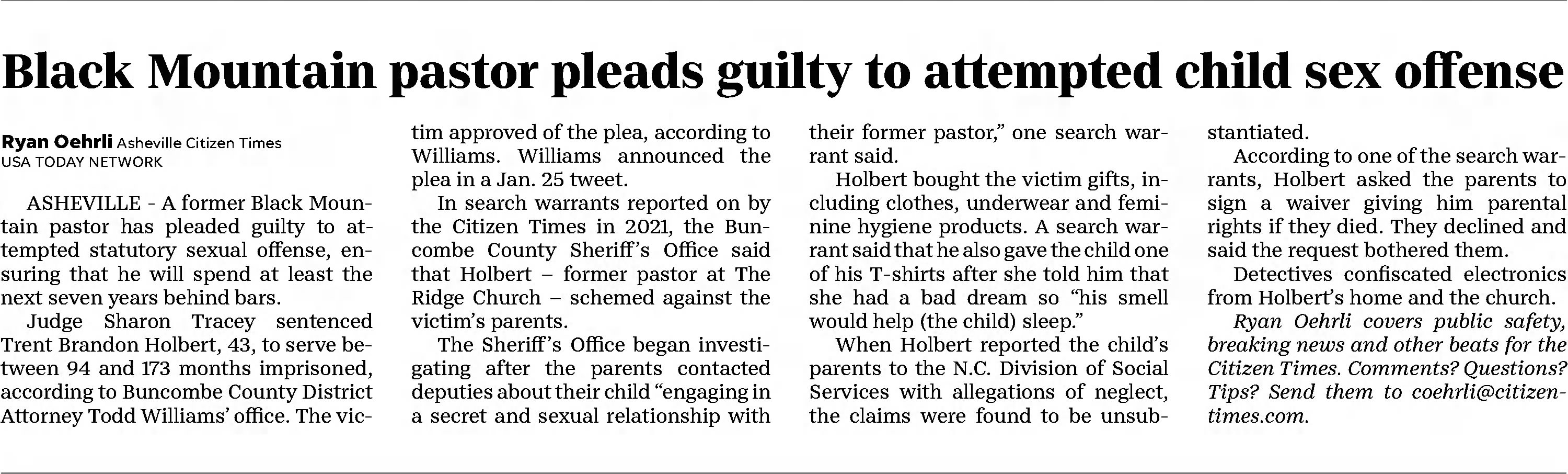Black Mountain pastor pleads guilty to attempted child sex offense
Asheville Citizen-Times
Asheville, North Carolina · Sunday, January 29, 2023