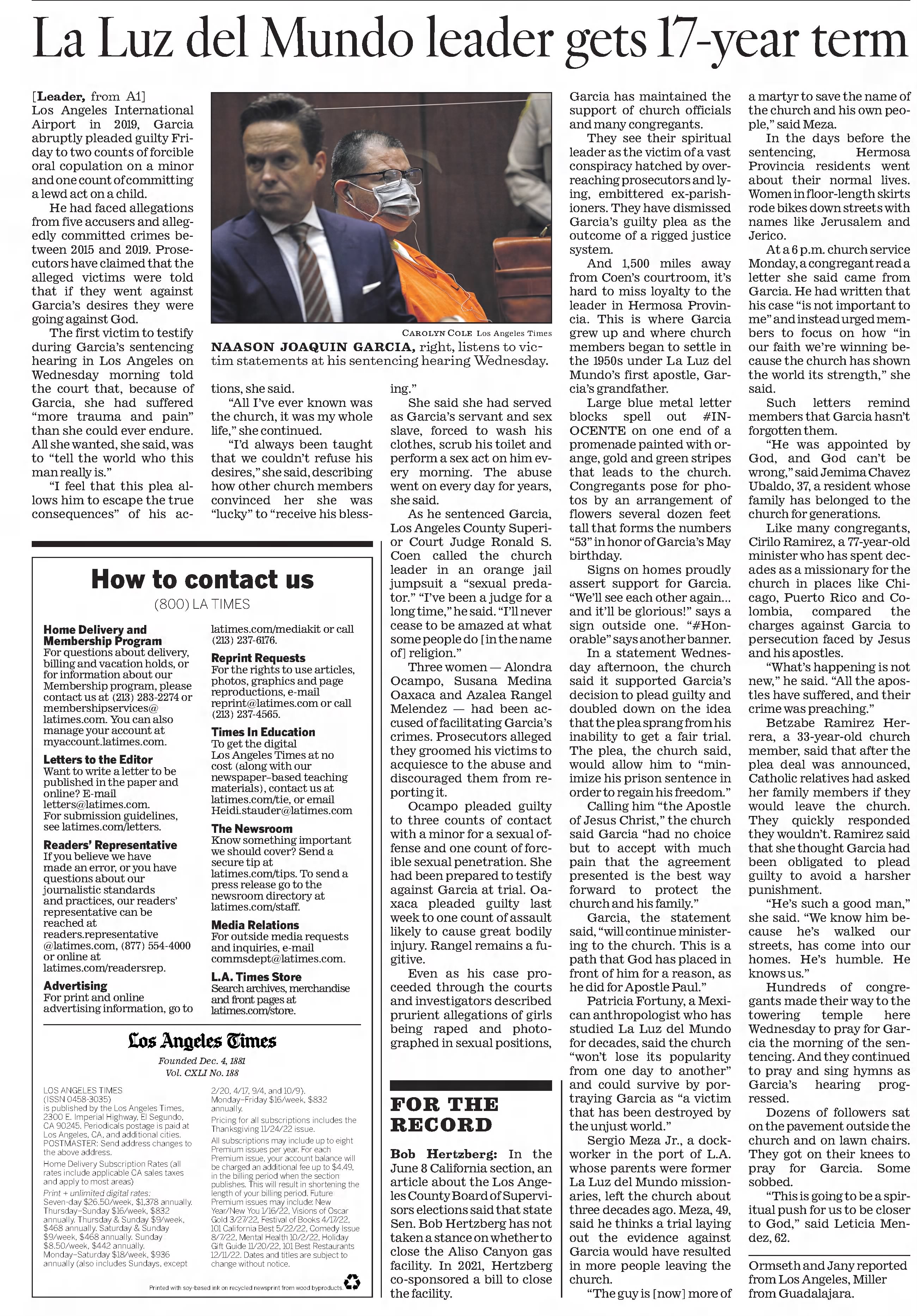 La Luz del Mundo leader gets 17-year-term
The Los Angeles Times
Los Angeles, California &middot; Thursday, June 09, 2022