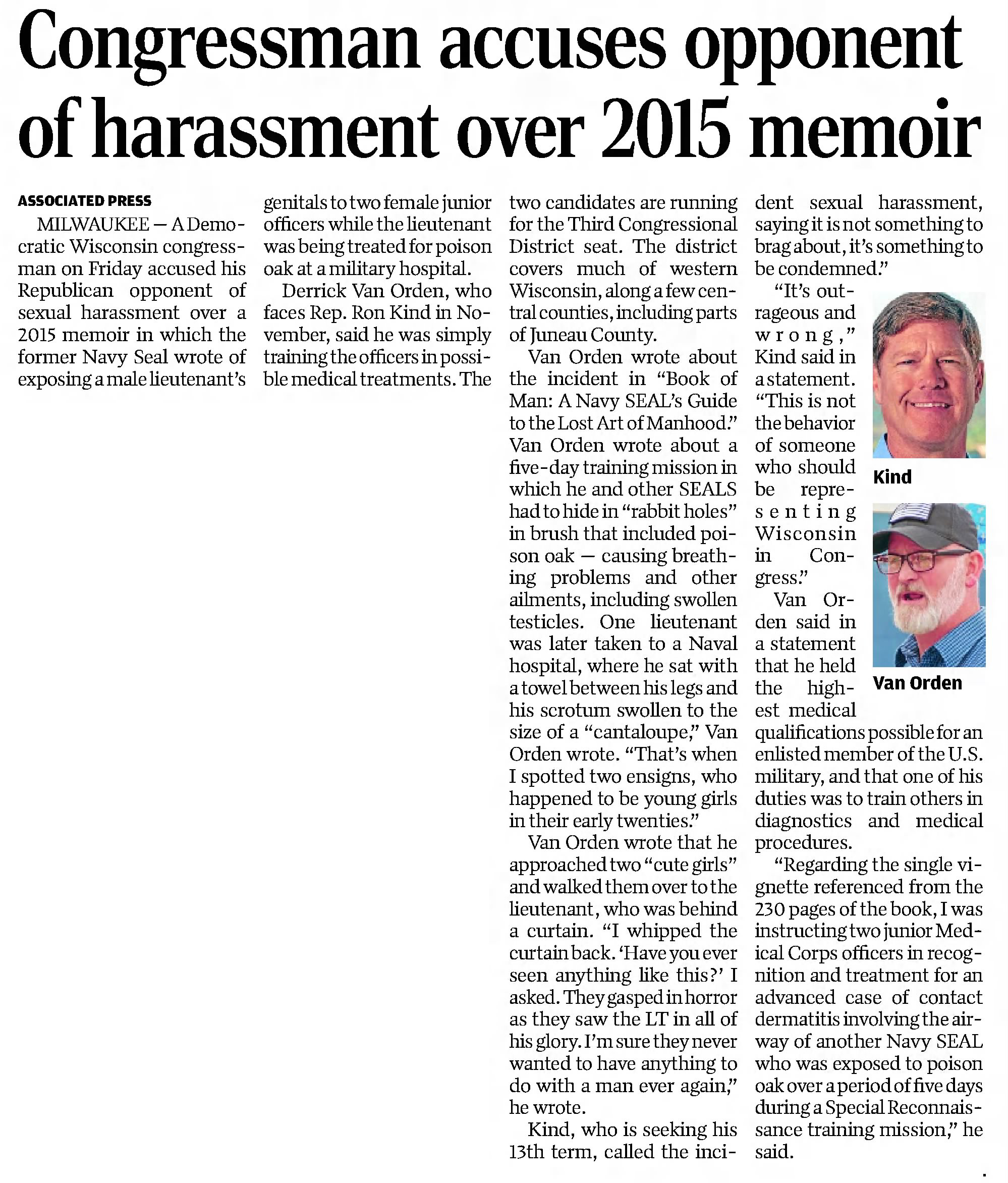 Congressman accuses opponent of harassment over 2015 memoir
Baraboo News Republic
Baraboo, Wisconsin · Saturday, September 26, 2020