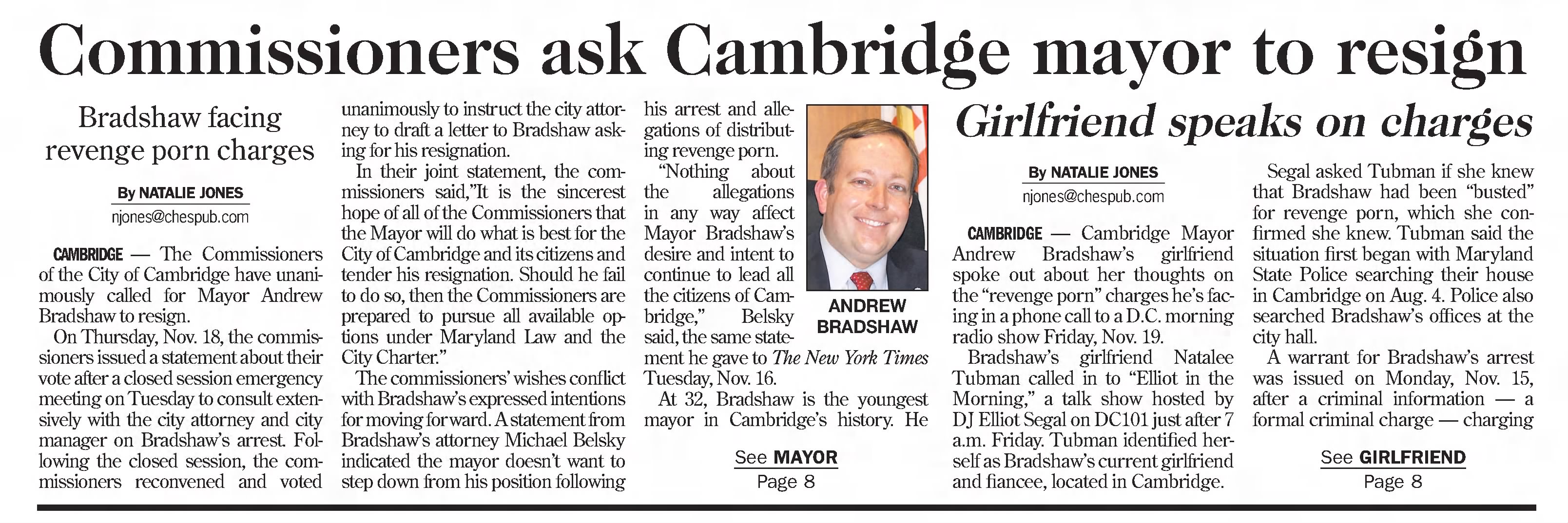 Commissioners ask Cambridge mayor to resign
Bradshaw facing revenge porn charges
Girlfriend speaks on charges
Dorchester Star
Cambridge, Maryland · Friday, November 26, 2021