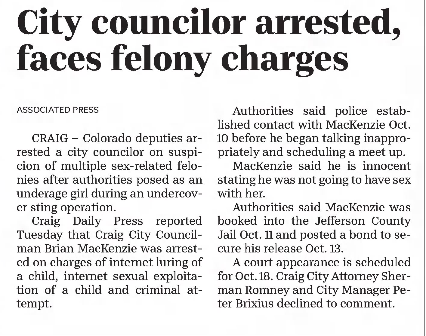 City councilor arrested faces felony charges
Fort Collins Coloradoan
Fort Collins, Colorado · Thursday, October 17, 2019
