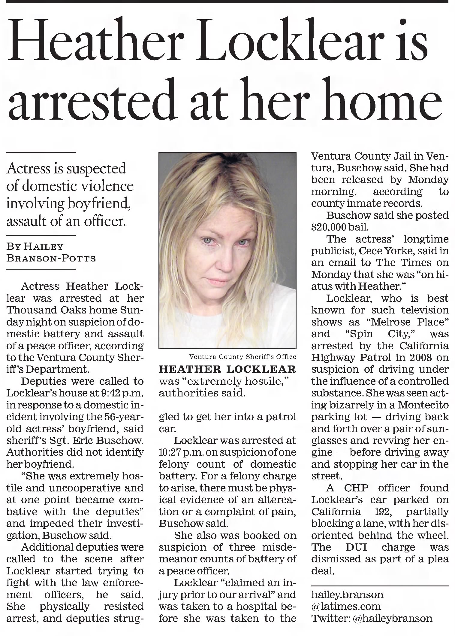 Heather Locklear is arrested at her home
The Los Angeles Times
Los Angeles, California · Tuesday, February 27, 2018