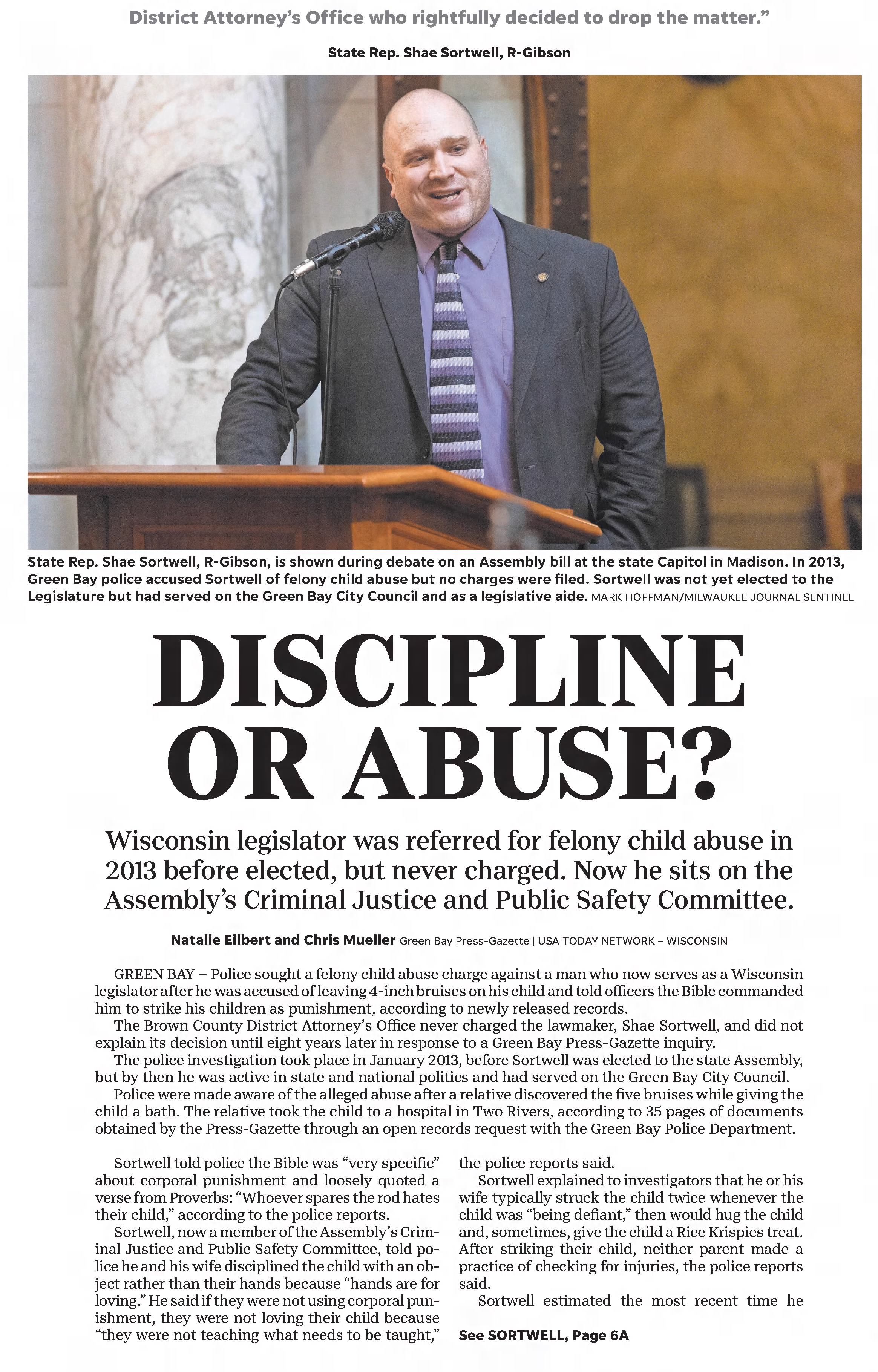 Discipline or Abuse
Wisconsin legislator was referred for felong child abuse in 2013 but never charged, now he sits on the Assembly's Criminal Justice and Public Safety Committee
The Oshkosh Northwestern
Oshkosh, Wisconsin &middot; Wednesday, November 03, 2021