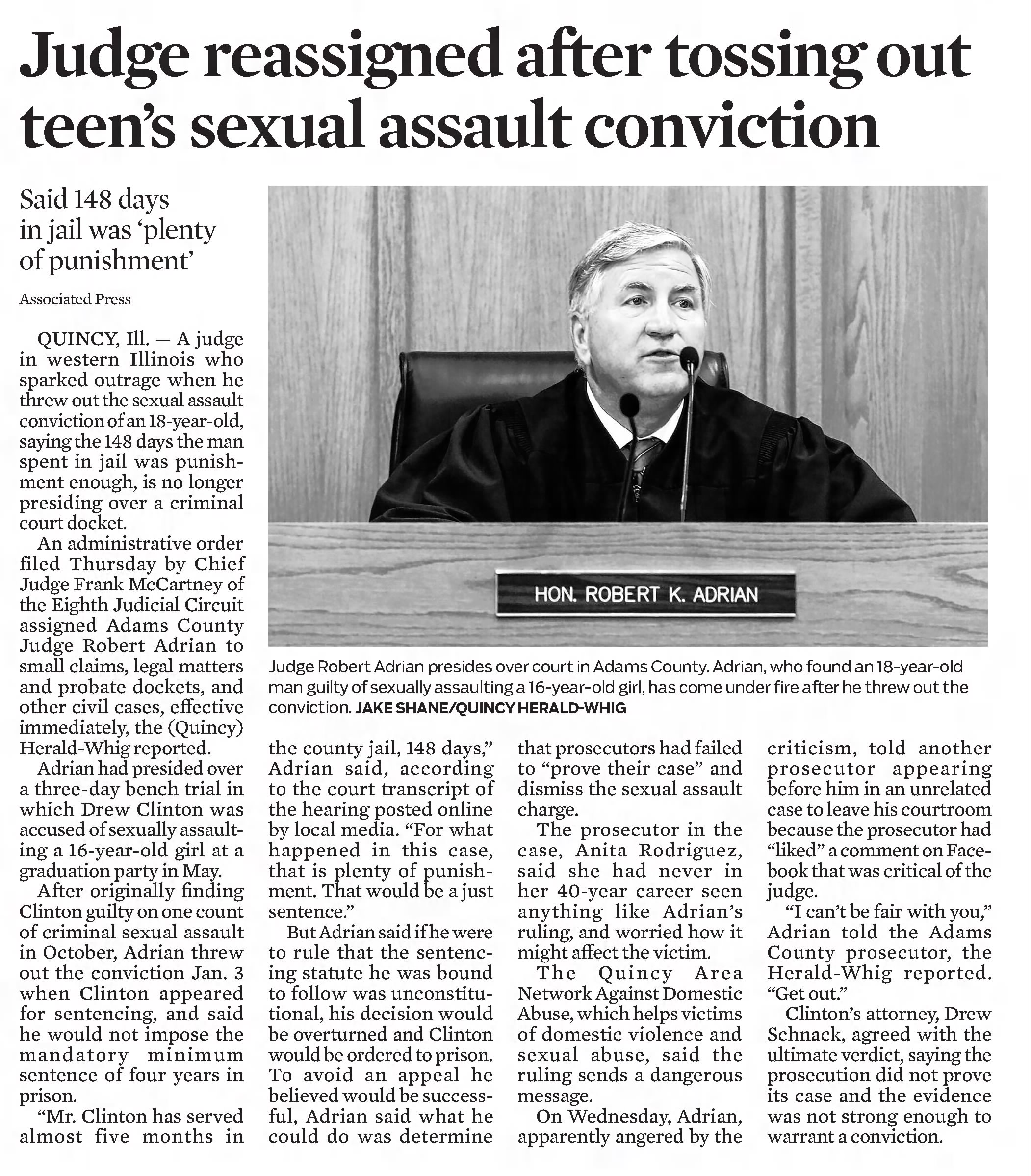 Judge reassigned after tossing out teen's sexual assault conviction. 
Chicago Tribune
Chicago, Illinois &middot; Monday, January 17, 2022