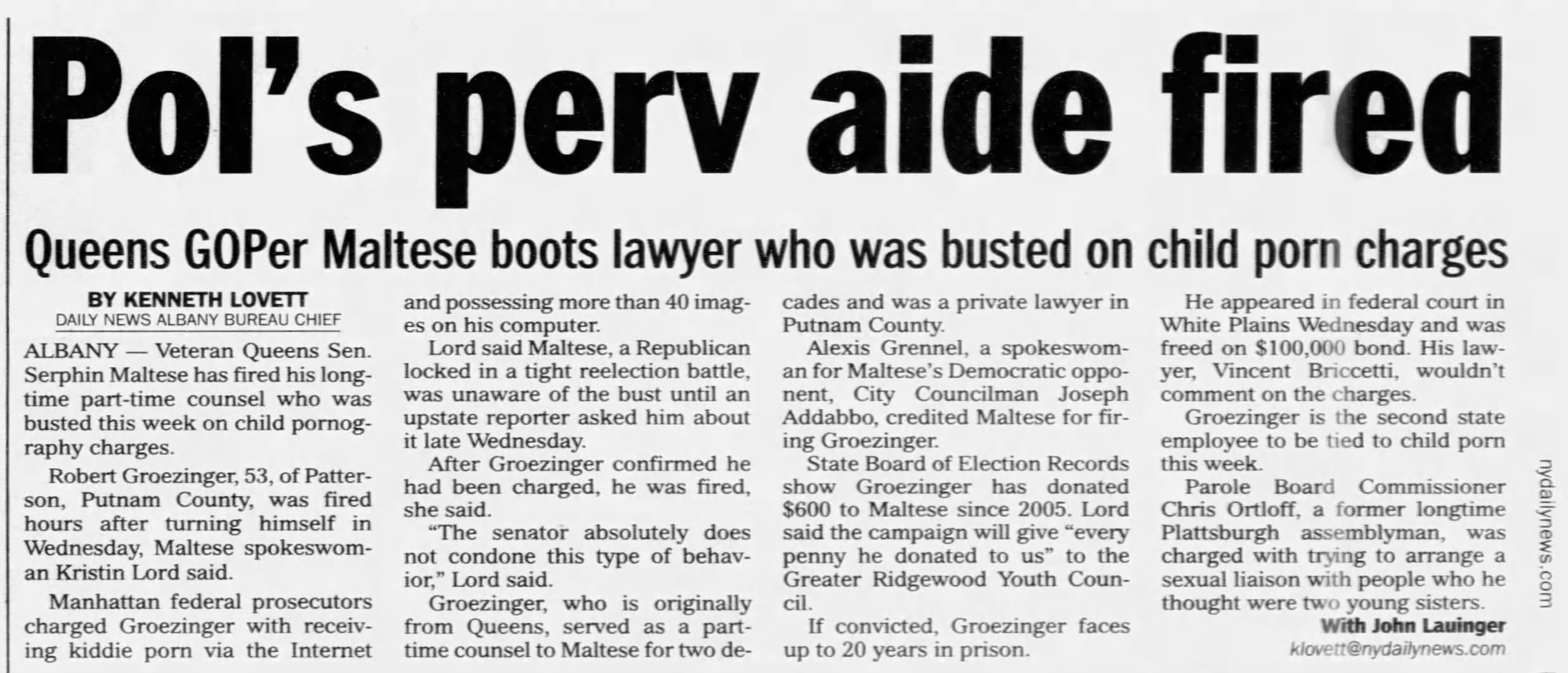 Pol's perv aide fired
Daily News
New York, New York · Friday, October 17, 2008
