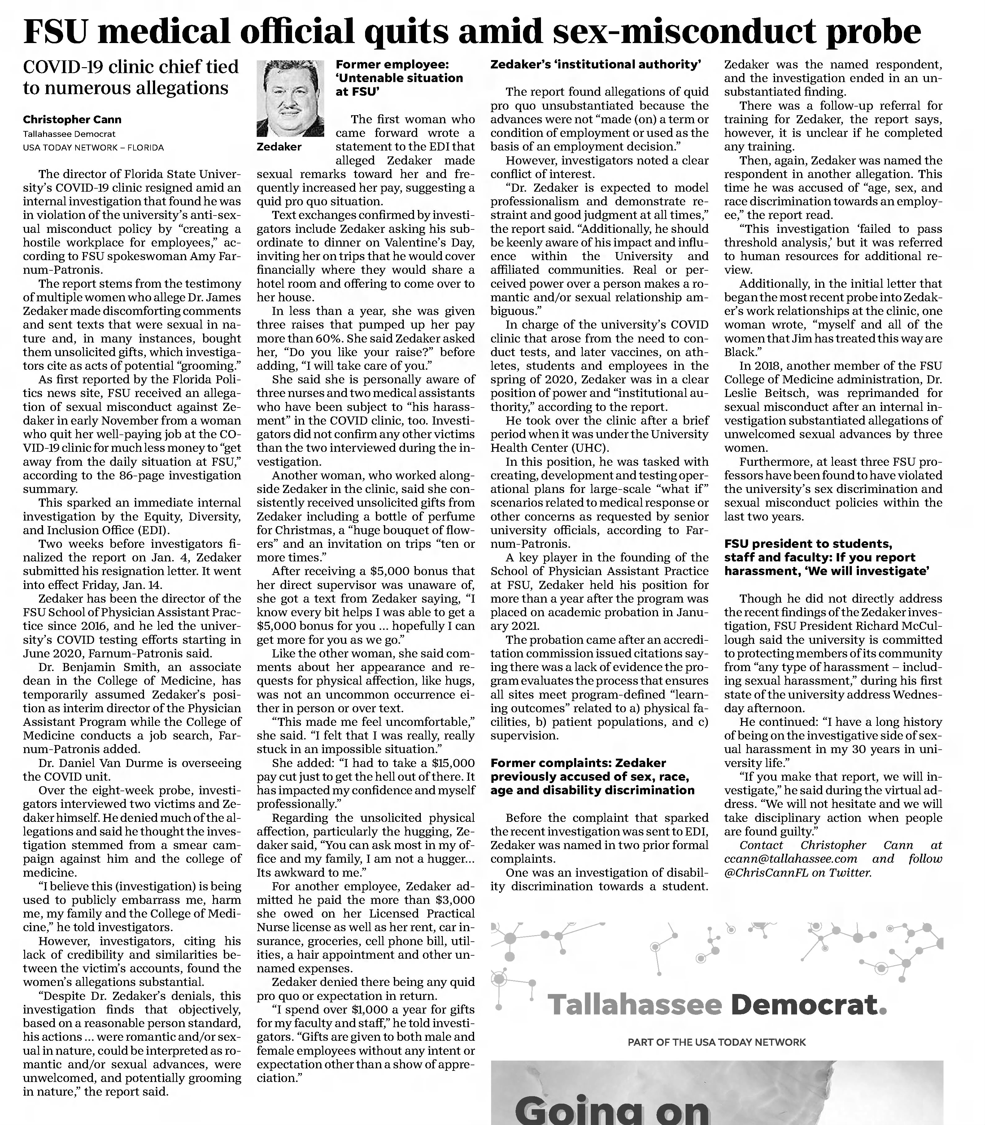 FSU medical official quits amid sex-misconduct probe
Tallahassee Democrat
Tallahassee, Florida &middot; Sunday, January 23, 2022