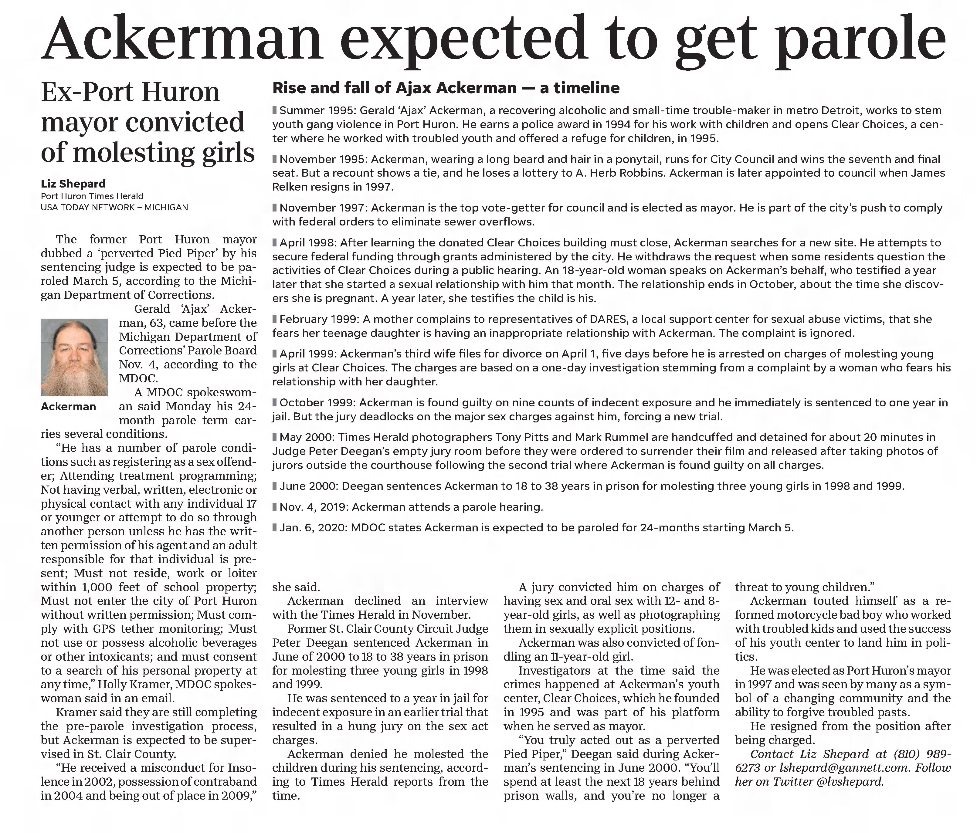 Ackerman expected to get parole
Livingston County Daily Press and Argus
Howell, Michigan · Wednesday, January 08, 2020