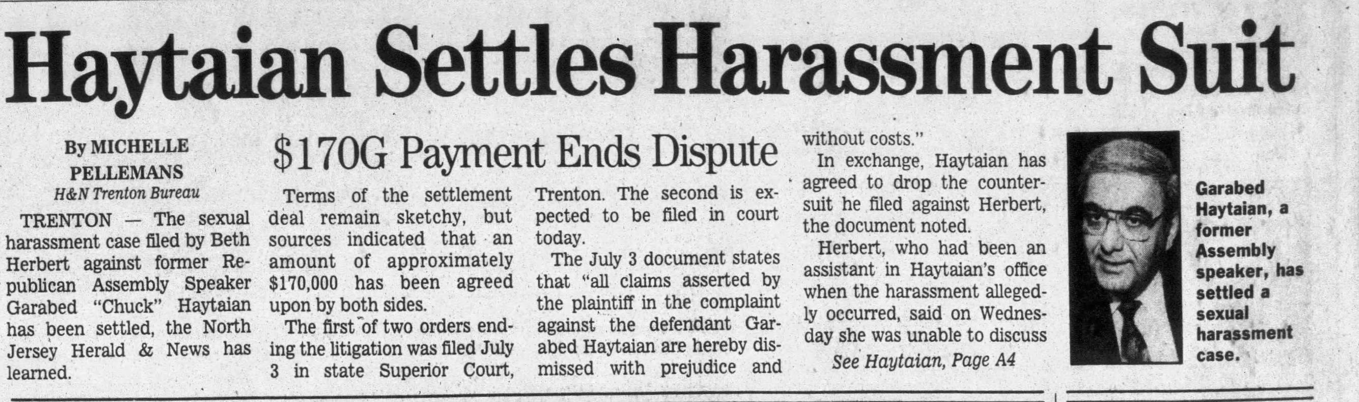 Haytaian SettleThe Herald-News
Passaic, New Jersey &middot; Thursday, July 10, 1997

s Harassment Suit
