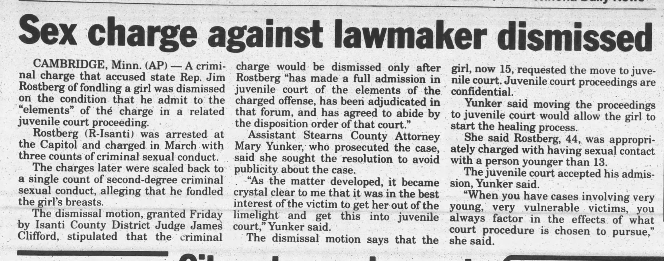 Sex charge against lawmaker dismissed
after he admits to the elements of the crime
The Winona Daily News
Winona, Minnesota · Sunday, August 06, 2000
